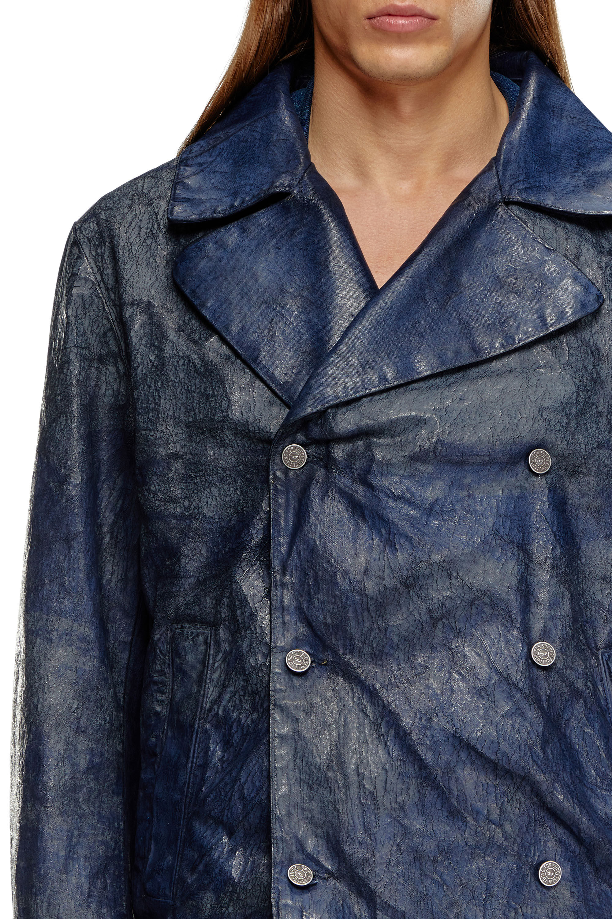 Men s Double breasted jacket in coated denim Blue Diesel