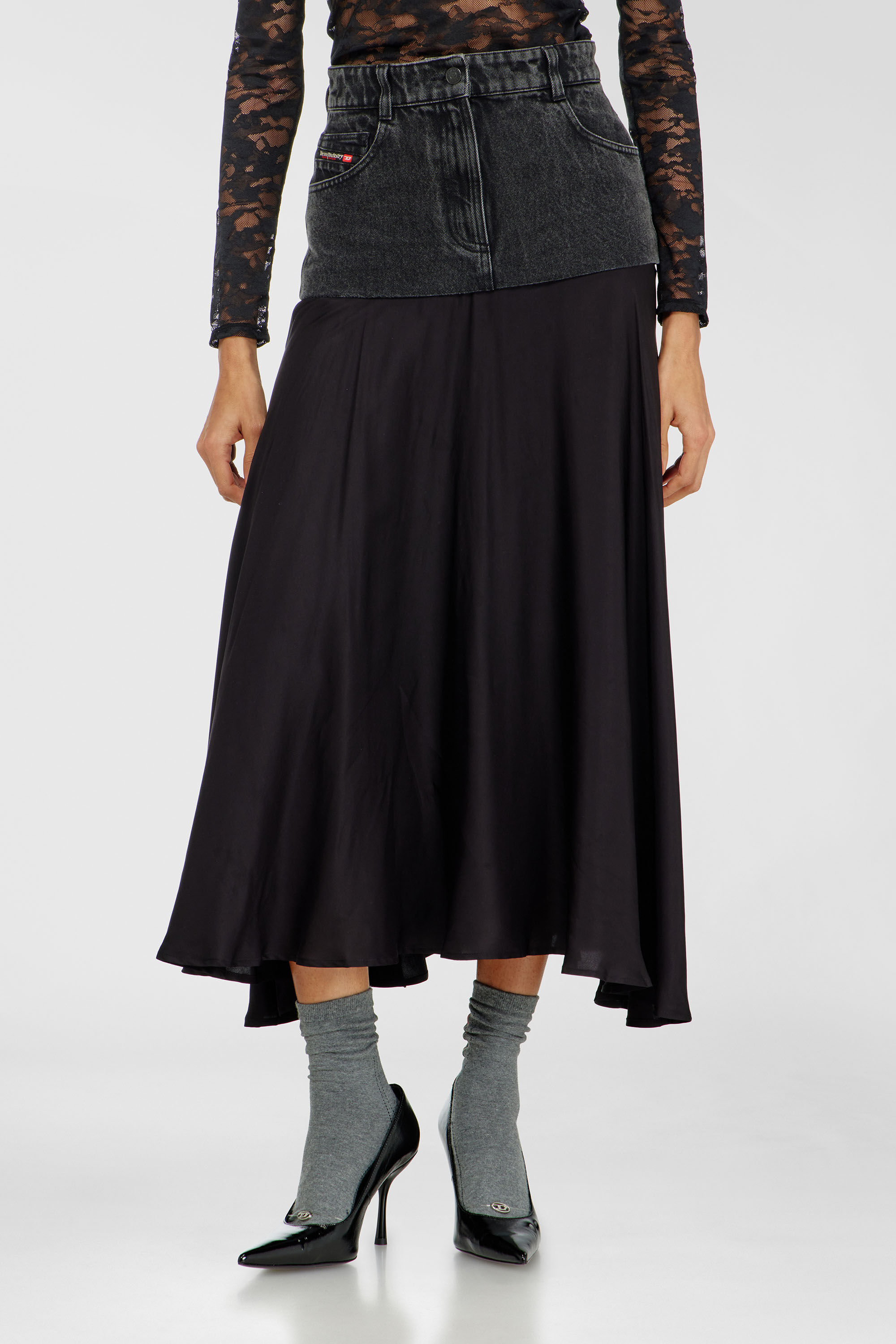 Diesel - O-RIONE, Woman's Midi skirt with denim-satin sections in Black - 3