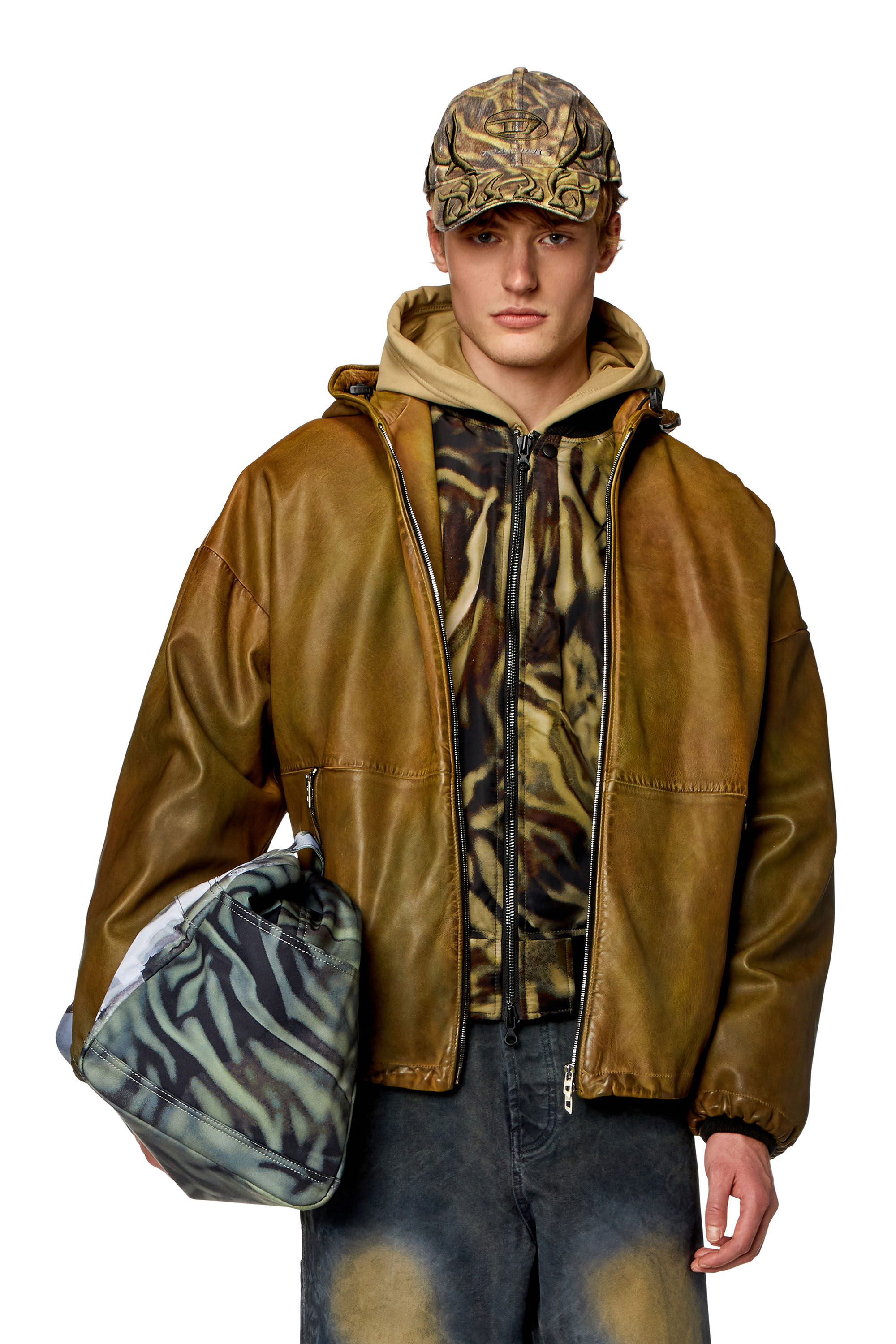 Diesel - L-VATEL-HOODY, Man Hooded leather jacket in Brown - Image 3