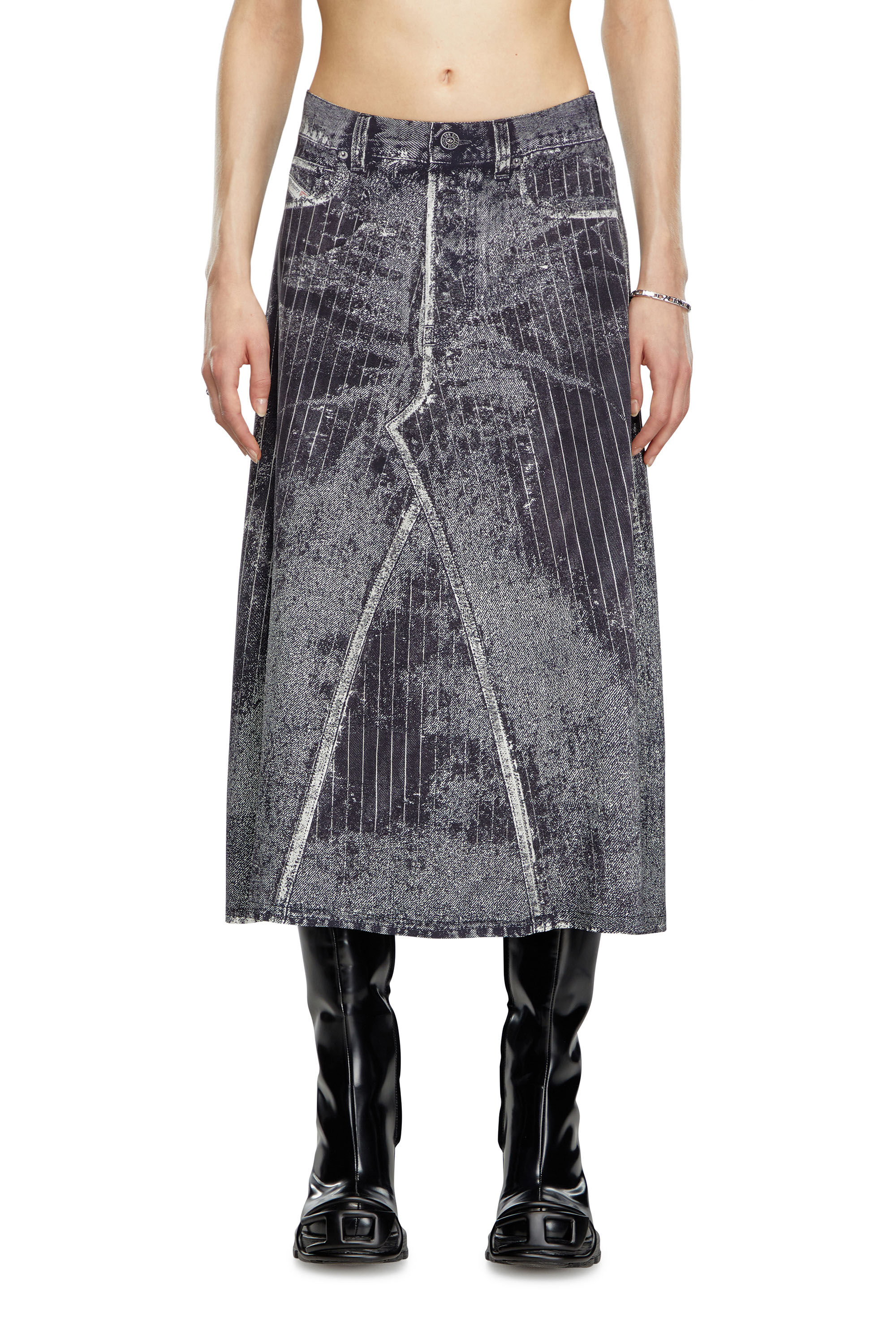Diesel - O-HANNA, Woman Satin skirt with print of pinstripe denim in Black - Image 3