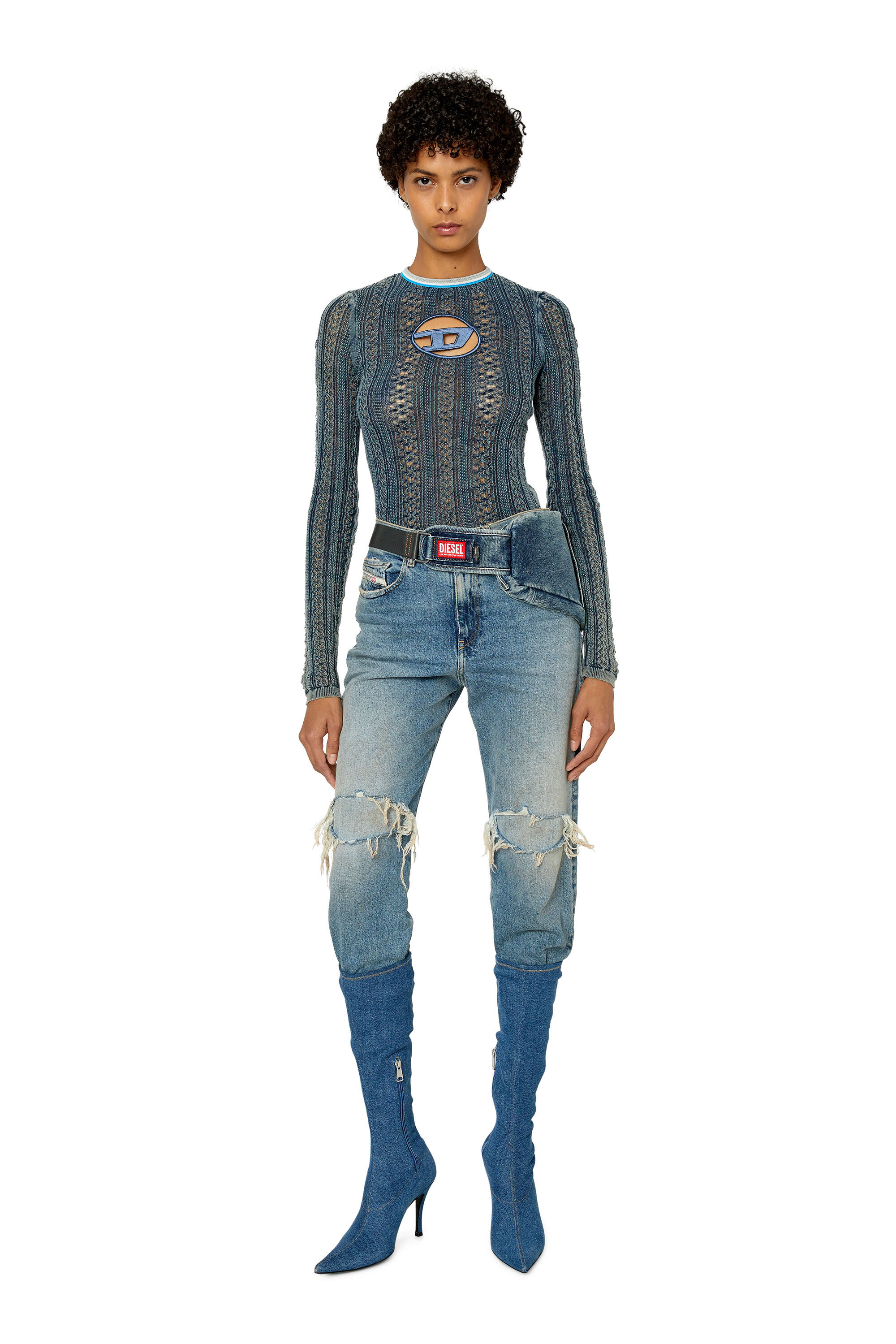 Diesel - M-IKYLA, Woman's Pointelle jumper with oval D cutout in Blue - 1