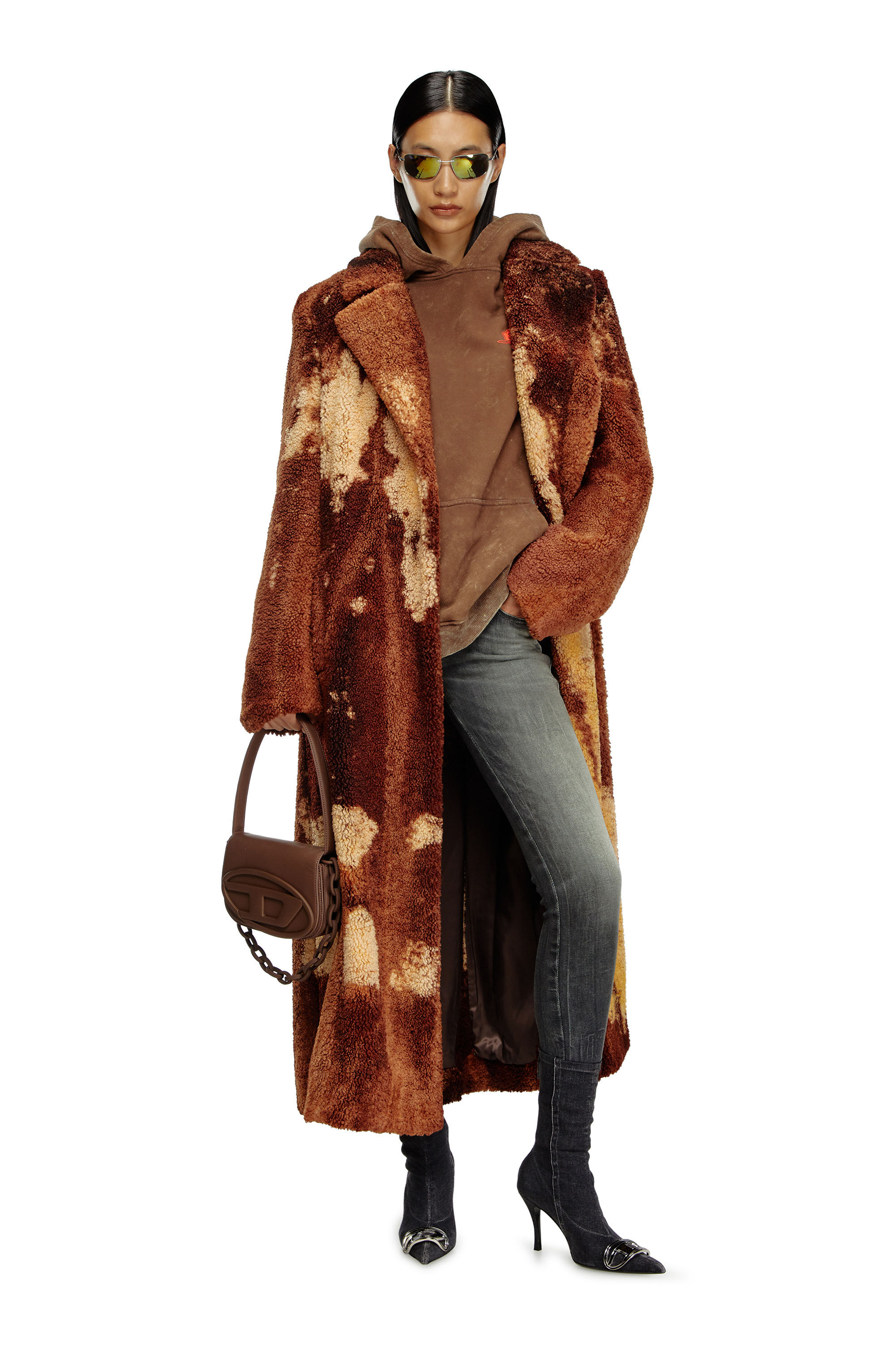 Women s Long coat in treated teddy fleece Brown Diesel