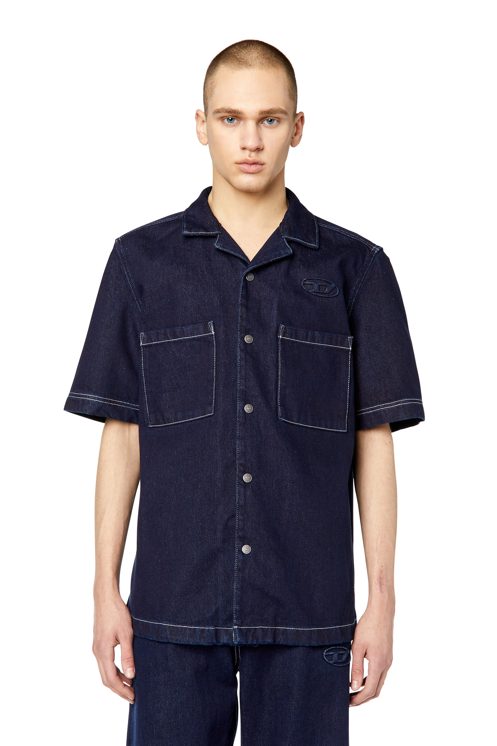 Diesel - D-PAROSHORT, Man's Bowling shirt in denim in Dark Blue - 3