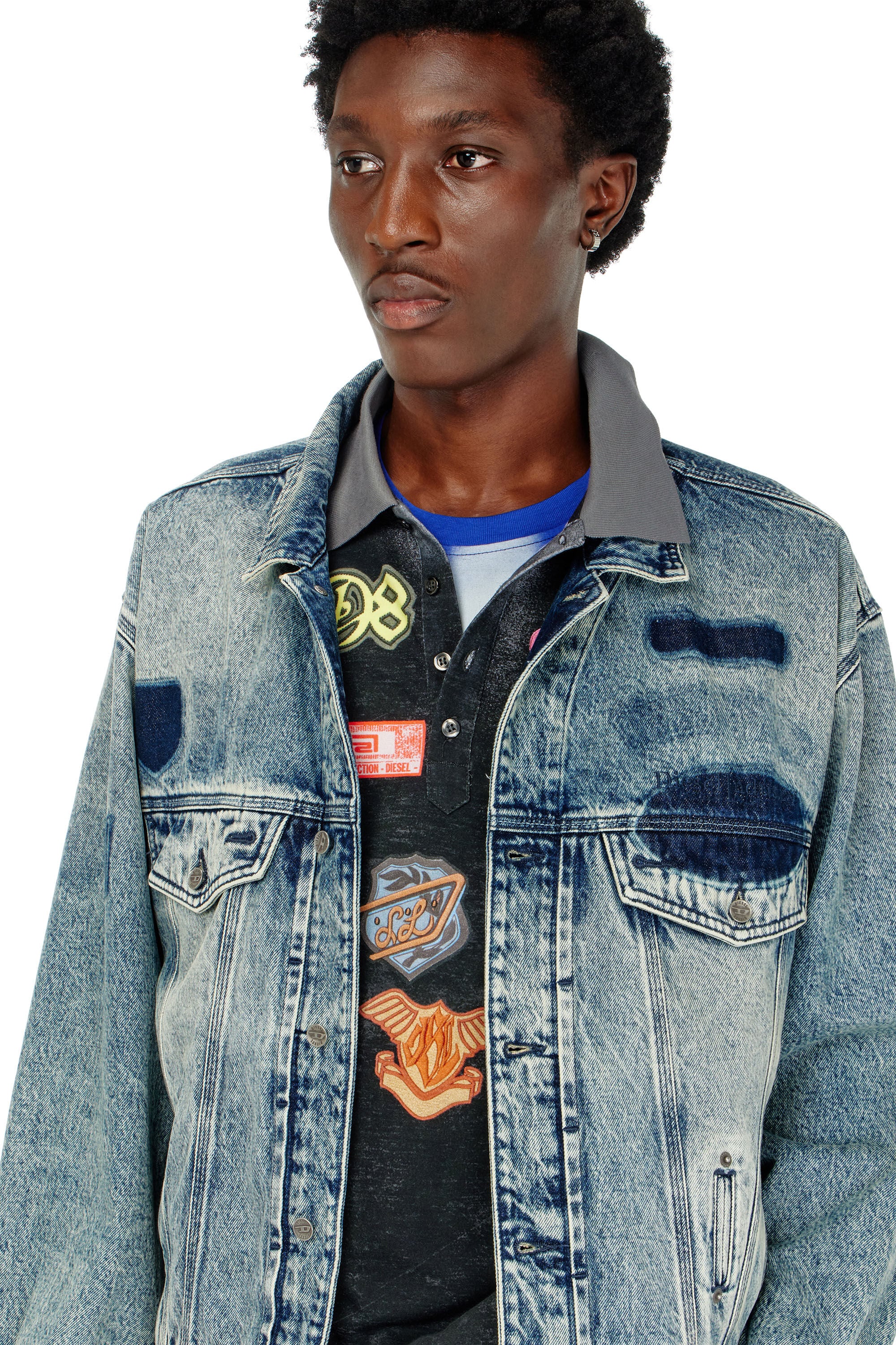 Diesel - D-DENVER-S2, Unisex's Trucker jacket with patch effects in Medium blue - 5