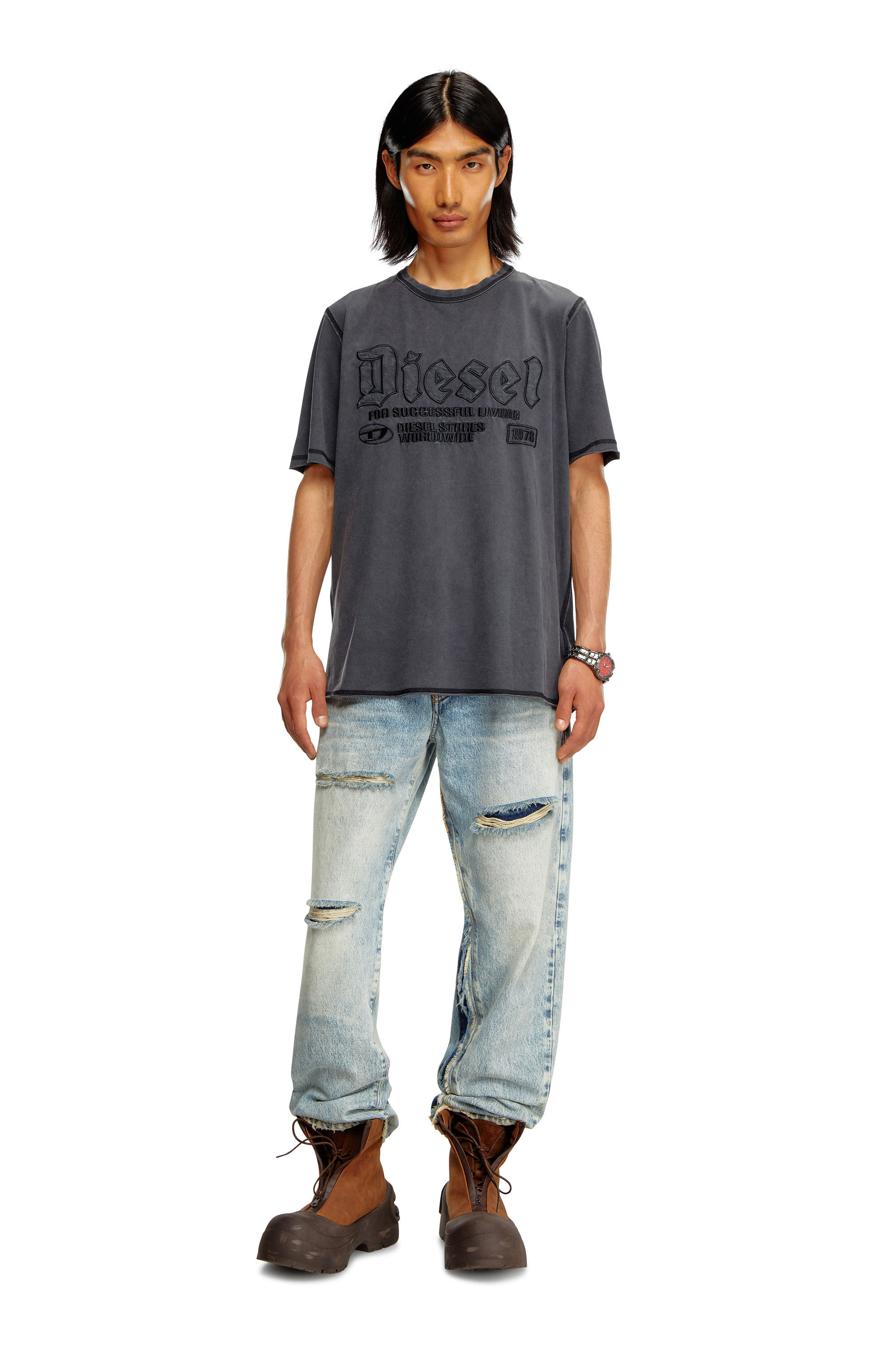 Diesel - T-RAWJUST, Man's Faded T-shirt with tonal embroidery in Black - 1
