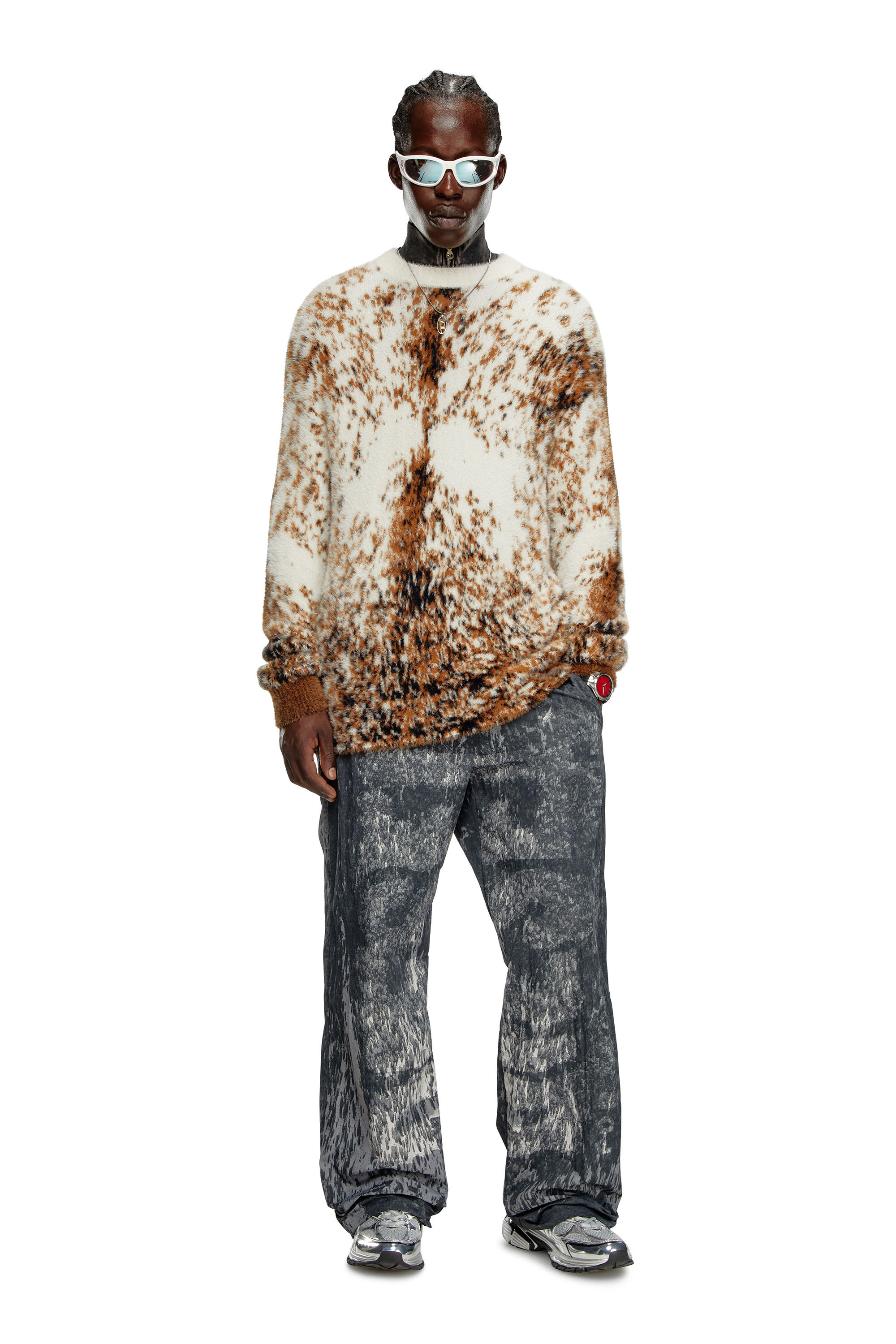 Diesel - K-ITELLO, Man's Fluffy jumper with animalier pattern in Brown - 1