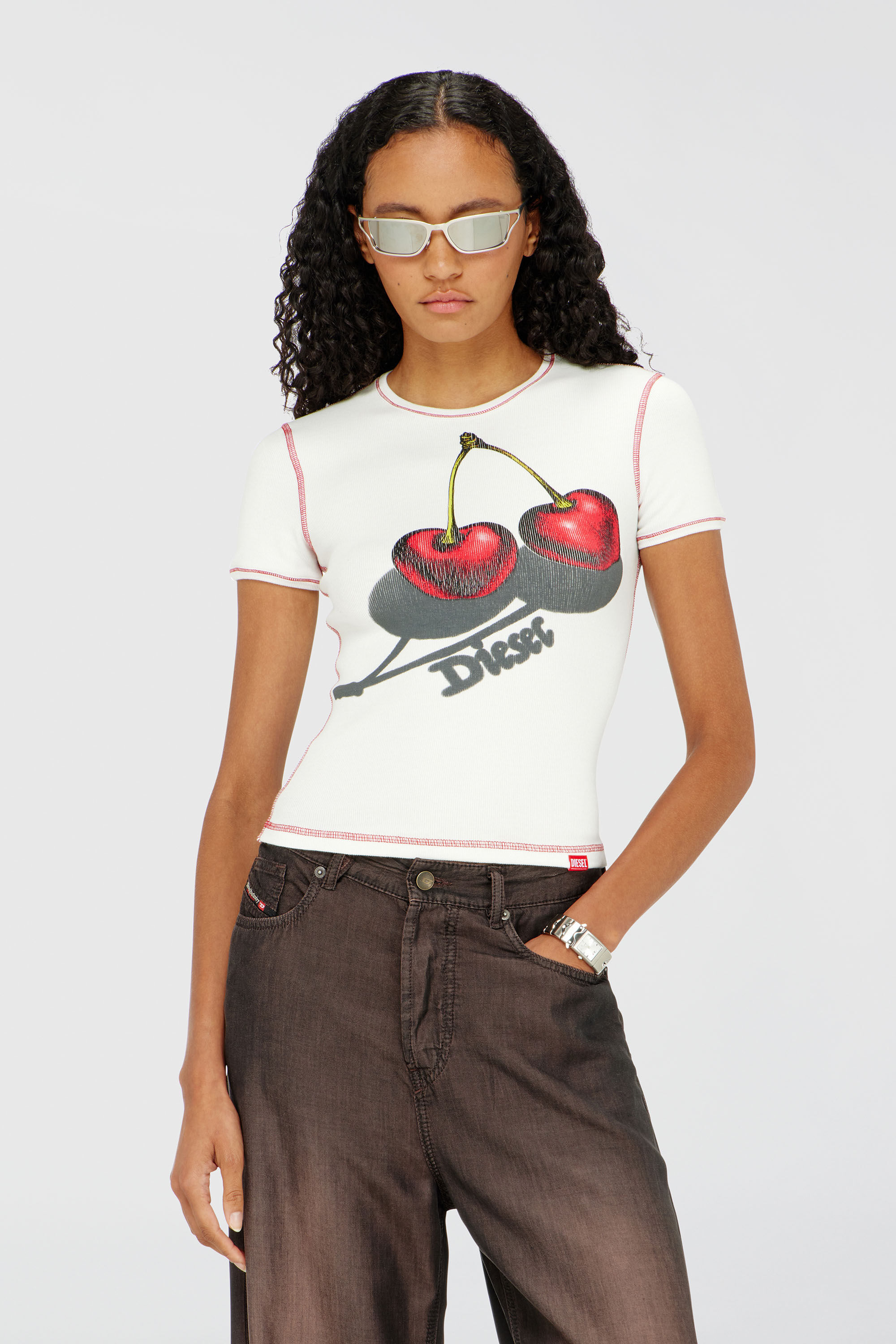 Diesel - SV-T-ELE-CHER, Woman's Slim cotton T-shirt with cherry print in White - 3