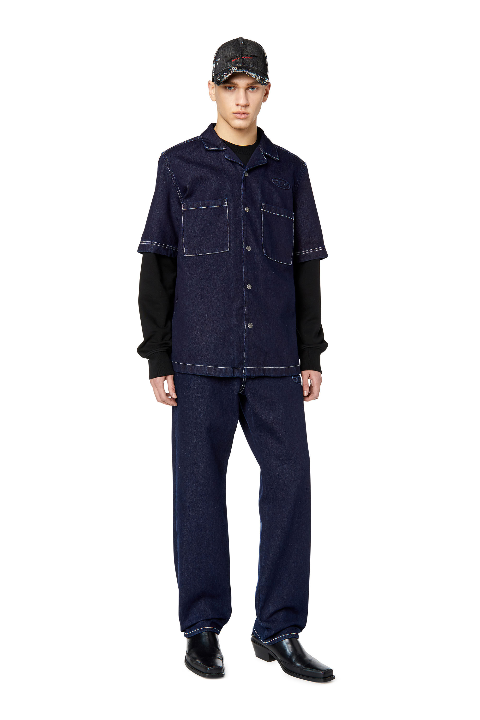 Diesel - D-PAROSHORT, Man's Bowling shirt in denim in Dark Blue - 1