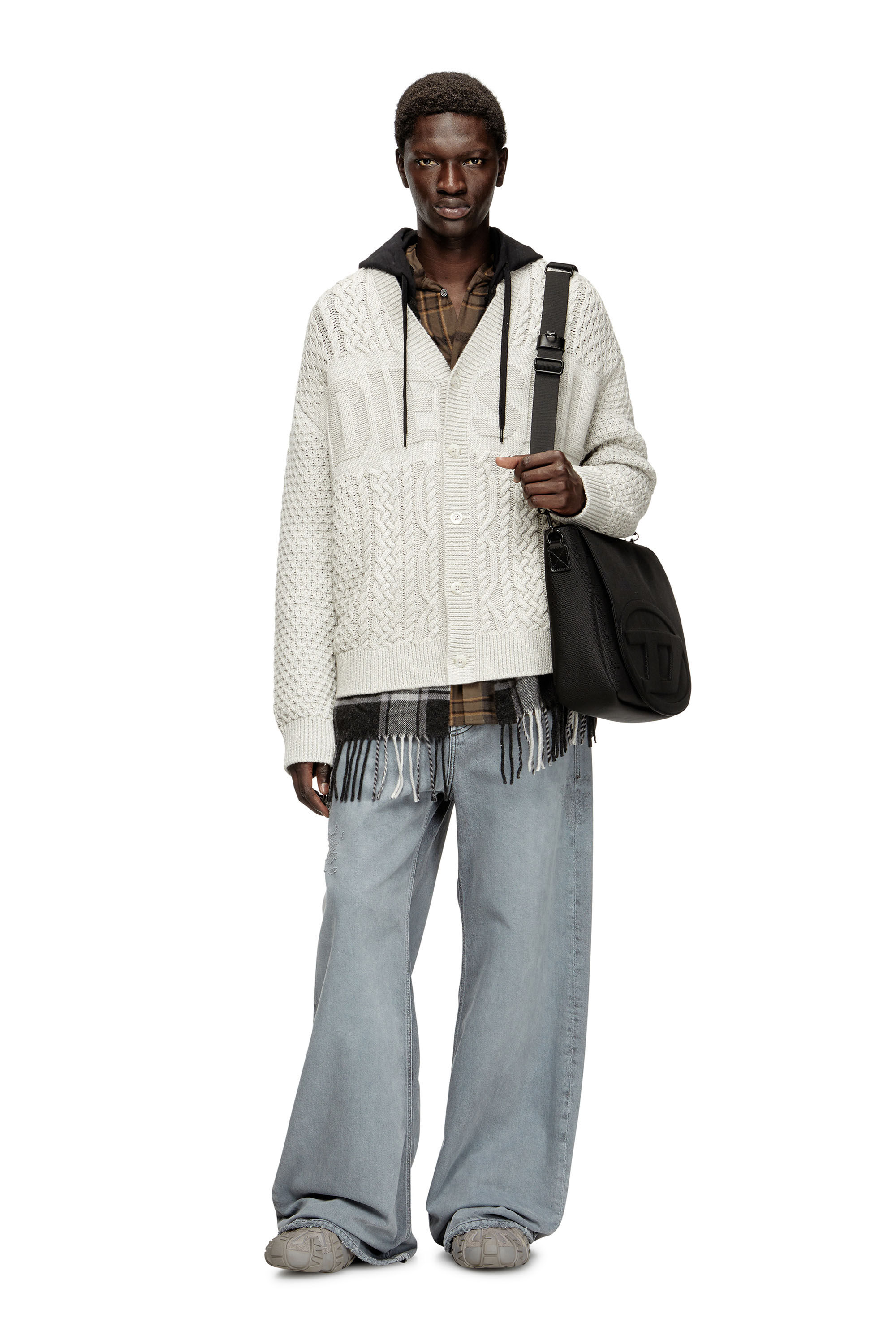 Men's Cable-knit cardigan with Diesel logo | Grey | Diesel