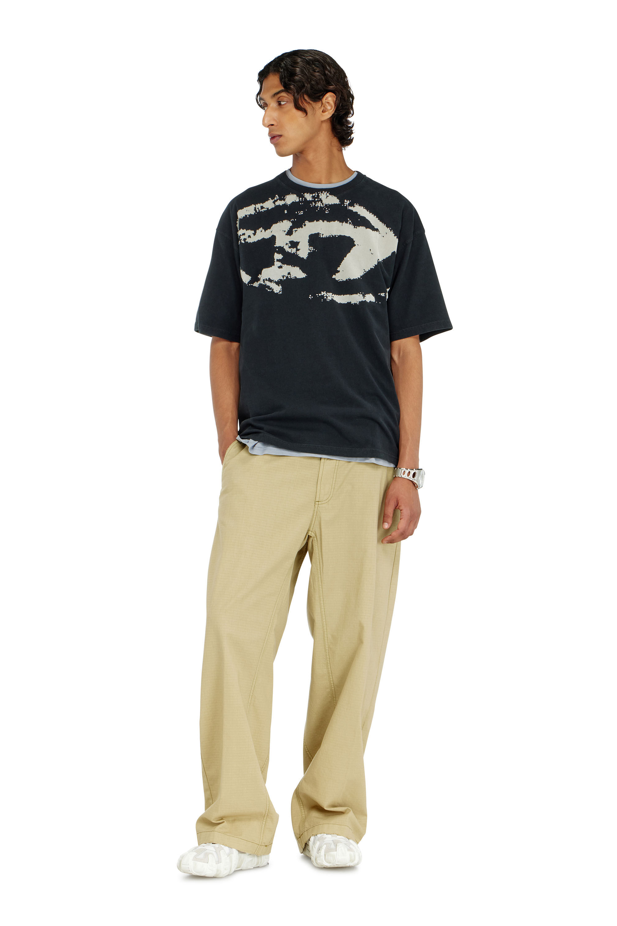 Men's T-shirt with distressed flocked logo | Black | Diesel
