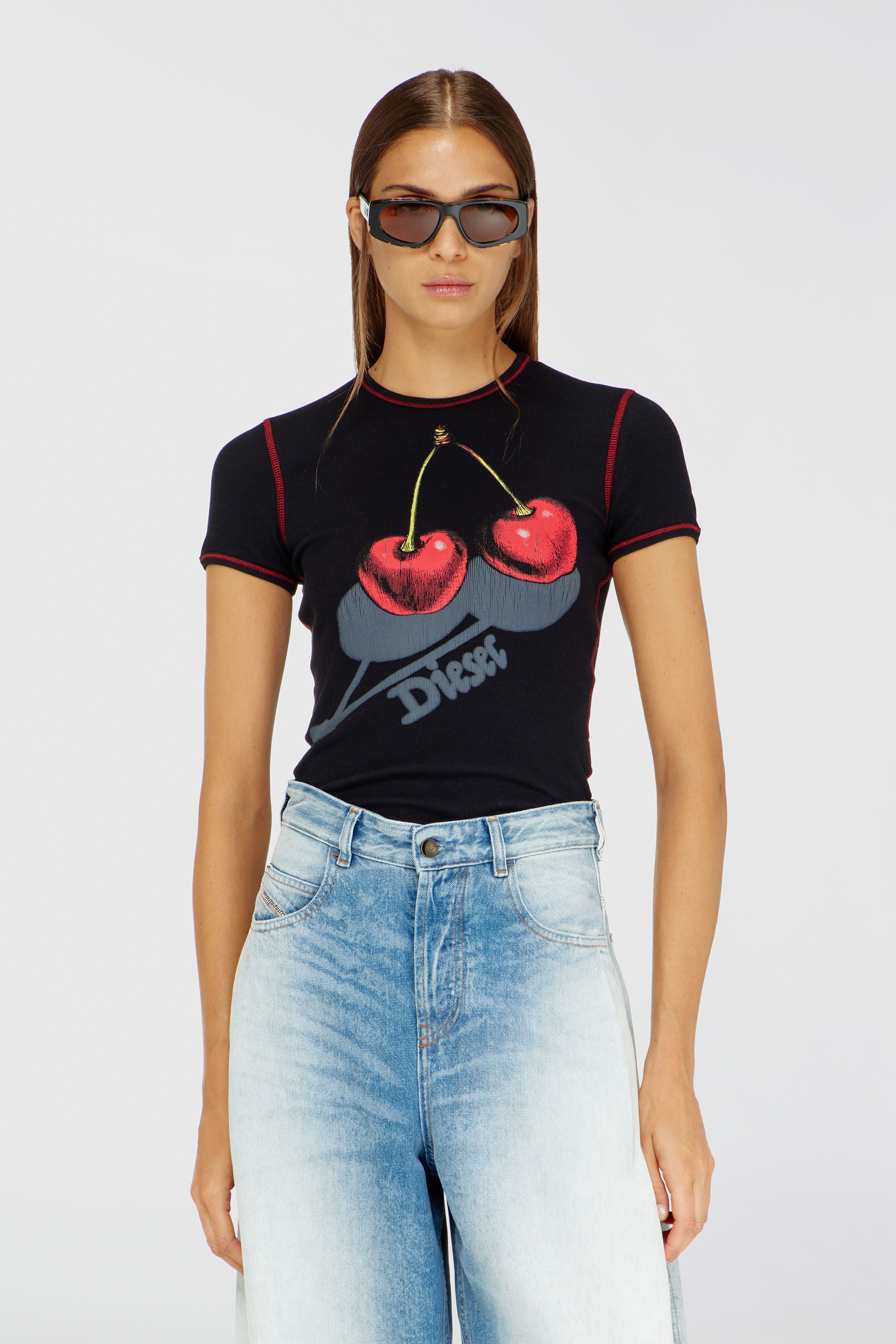 Diesel - SV-T-ELE-CHER, Woman's Slim cotton T-shirt with cherry print in Black - 3