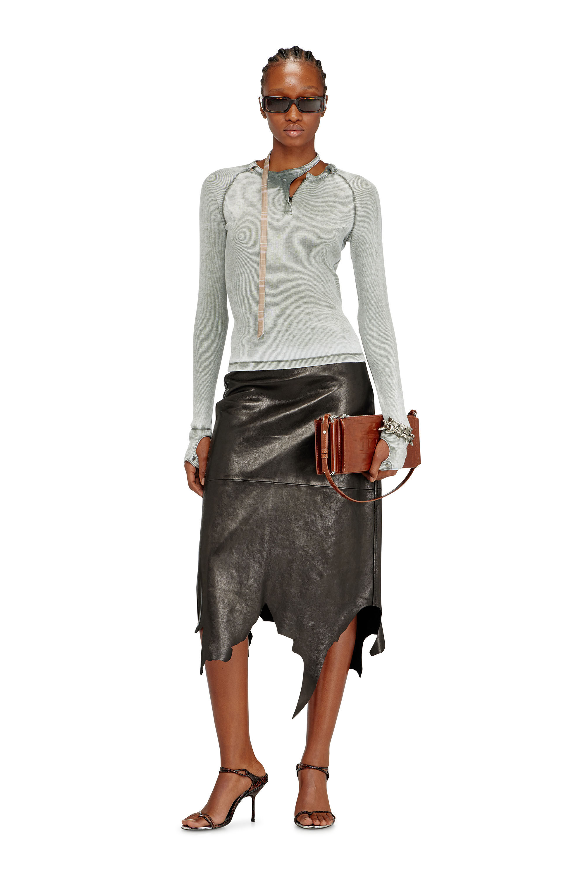 Diesel - L-TORN, Woman's Leather midi skirt with jagged hem in Black - 1