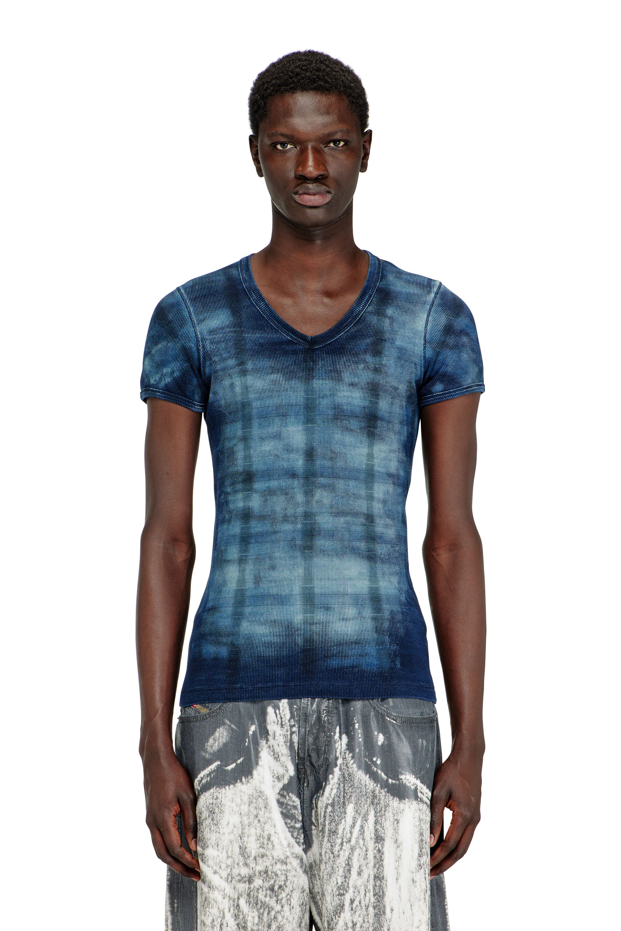 Diesel - T-LUUCAS, Man's X-ray top in check-print rib-jersey in Blue - 3
