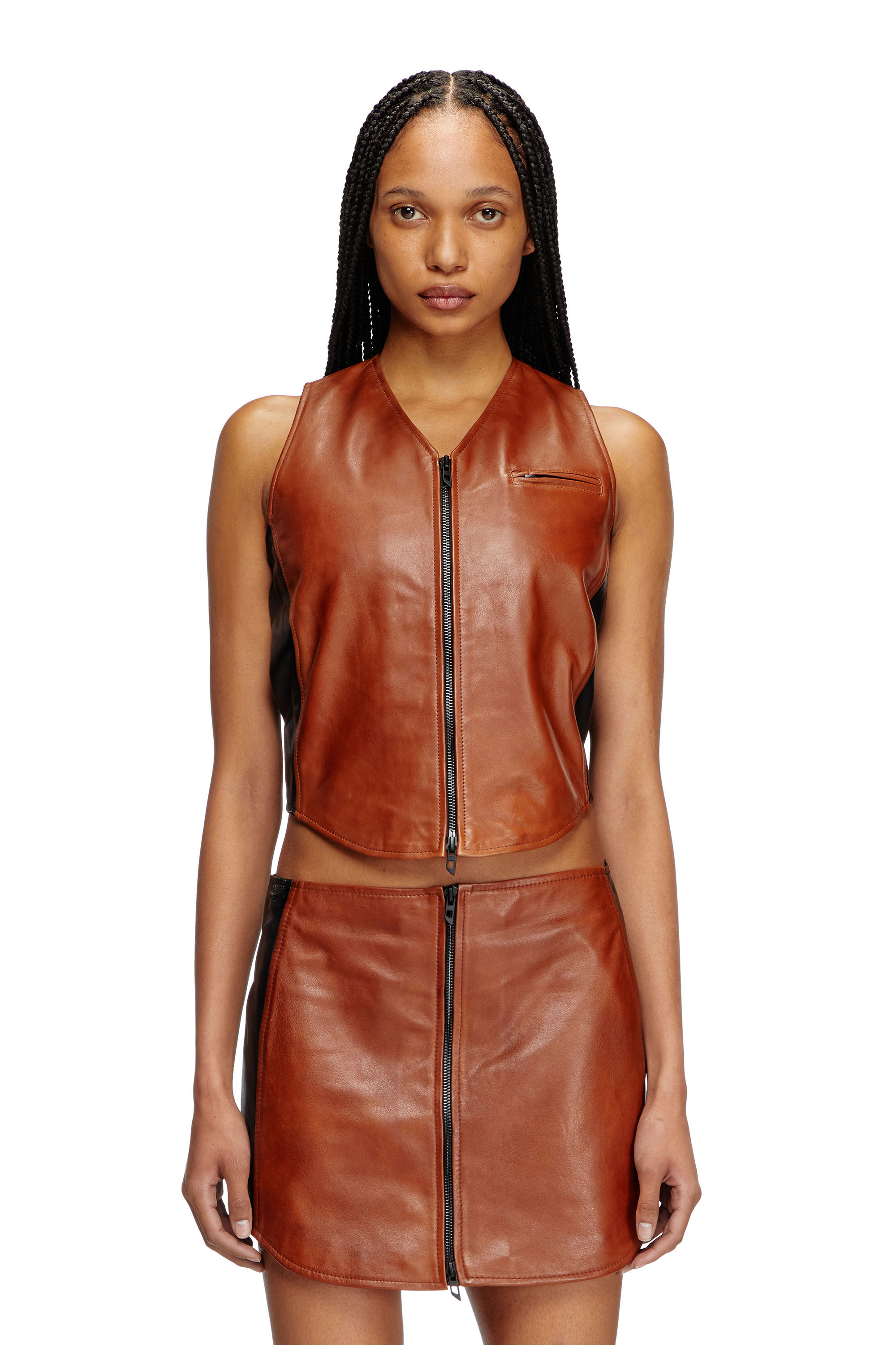 Diesel - L-USTRA, Woman's Cropped colour-block leather vest in Black/Brown - 3