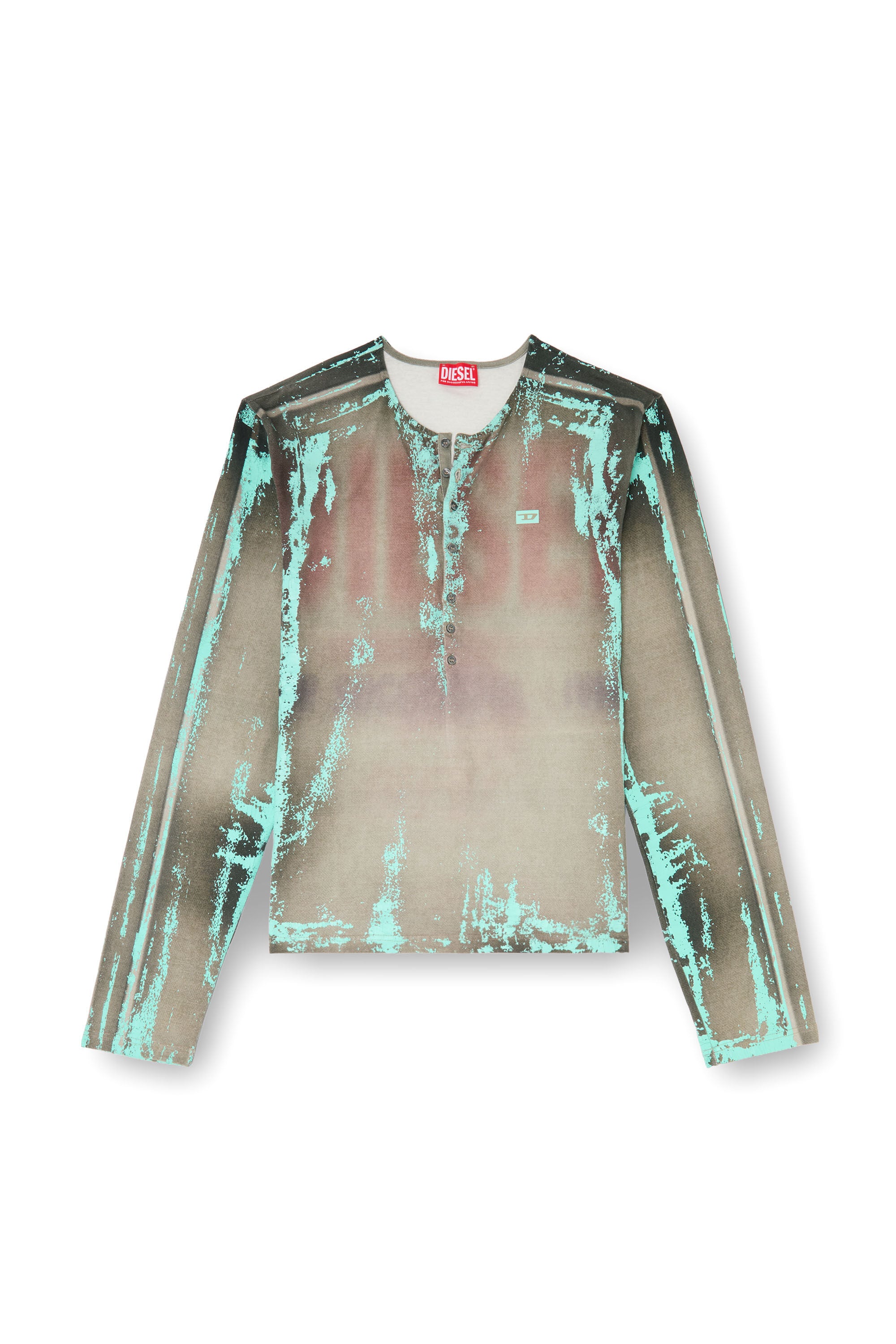 Diesel - T-FYNO-ML, Man's Grandad T-shirt in cracked leather-effect jersey in Green - 2