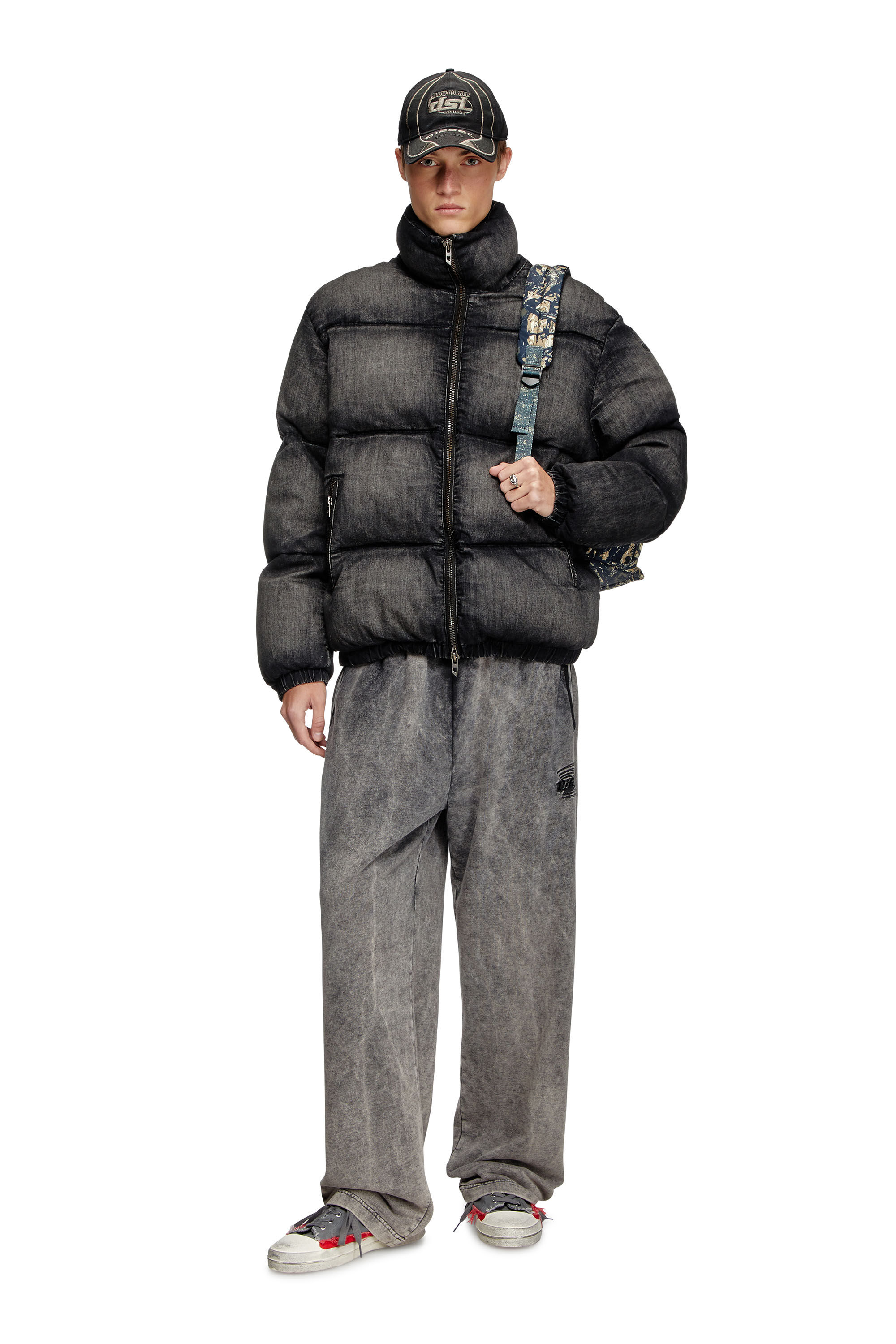 Diesel - W-MONS-A, Unisex's Faded denim puffer jacket in Black - 1