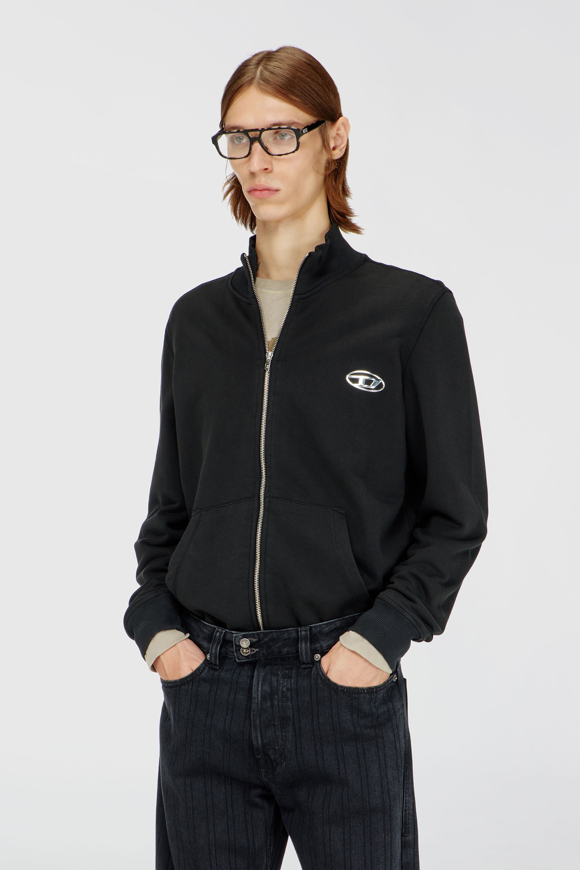 Diesel - S-GINN-ZIP-IOD, Man's Wweatshirt with mock neck and metallic Oval D in Black - 3
