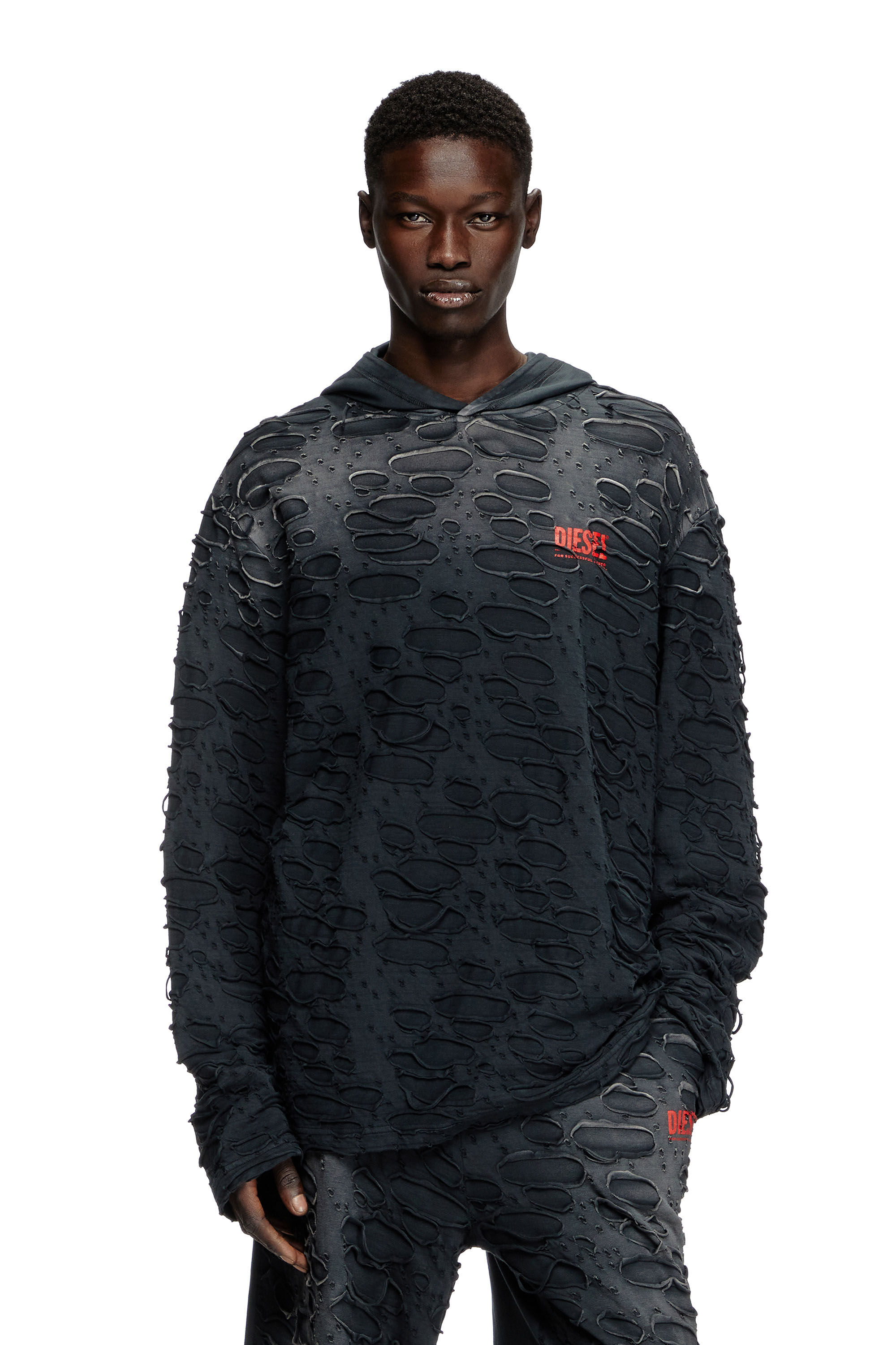 【送料&関税込】Diesel Sweatshirt T-crane-ls-hood Men's Hooded long-sleeve T-shirt with holes | Black | Diesel