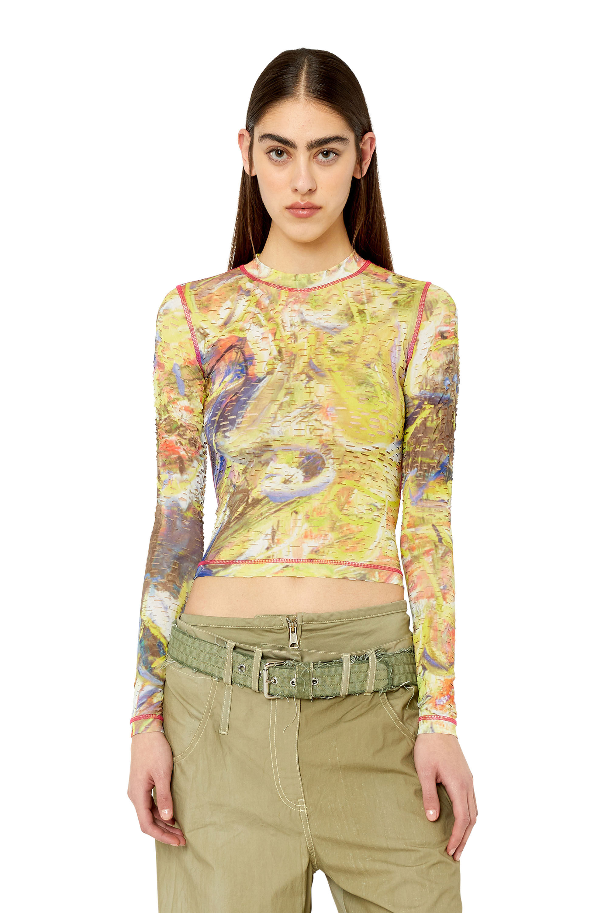 Diesel - T-CLADDY, Woman's Laser-cut top with abstract print in White/Yellow - 3