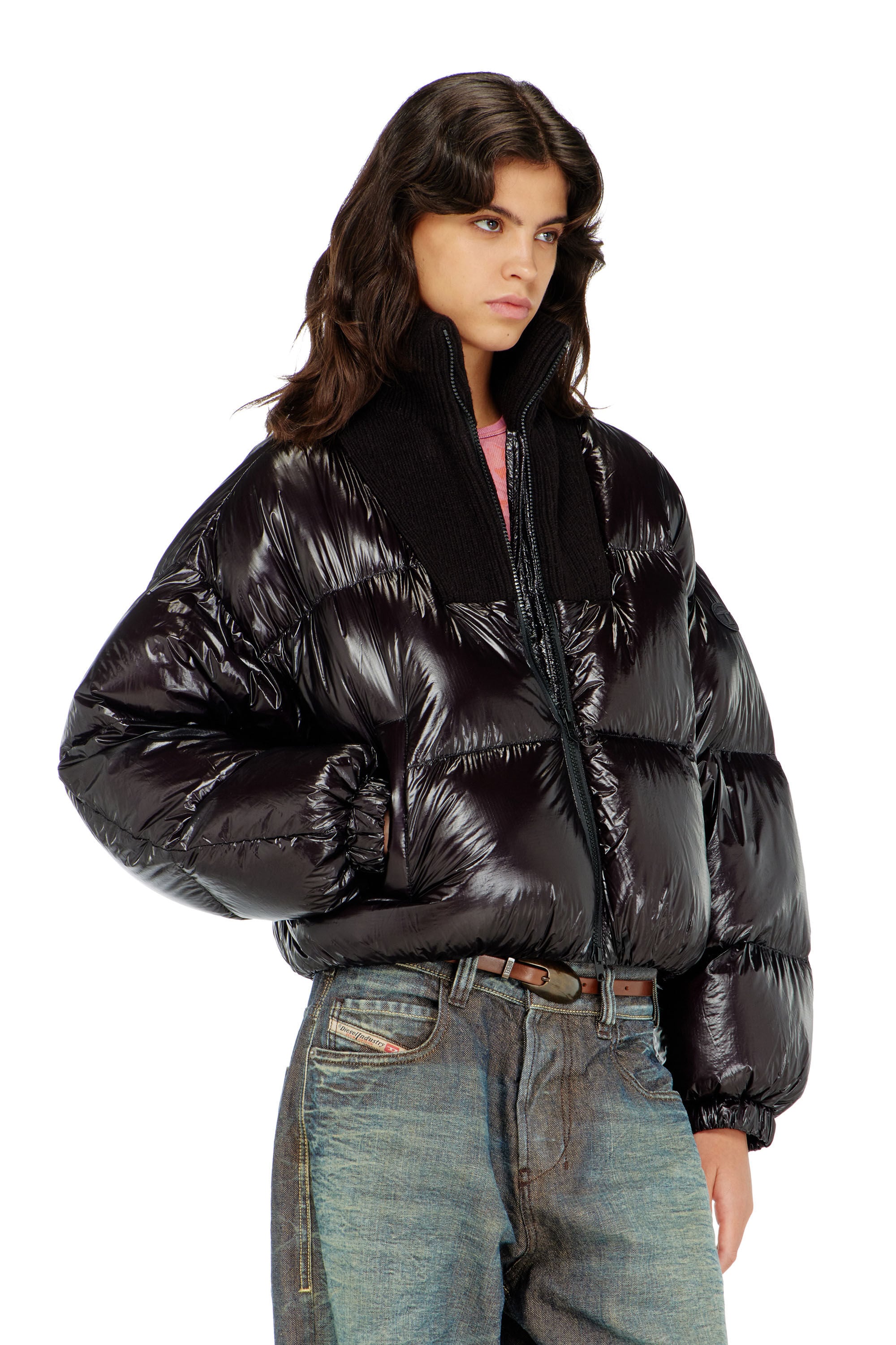 Diesel - W-ARRIOR, Woman's Down puffer jacket in ripstop with knitted collar in Black - 3