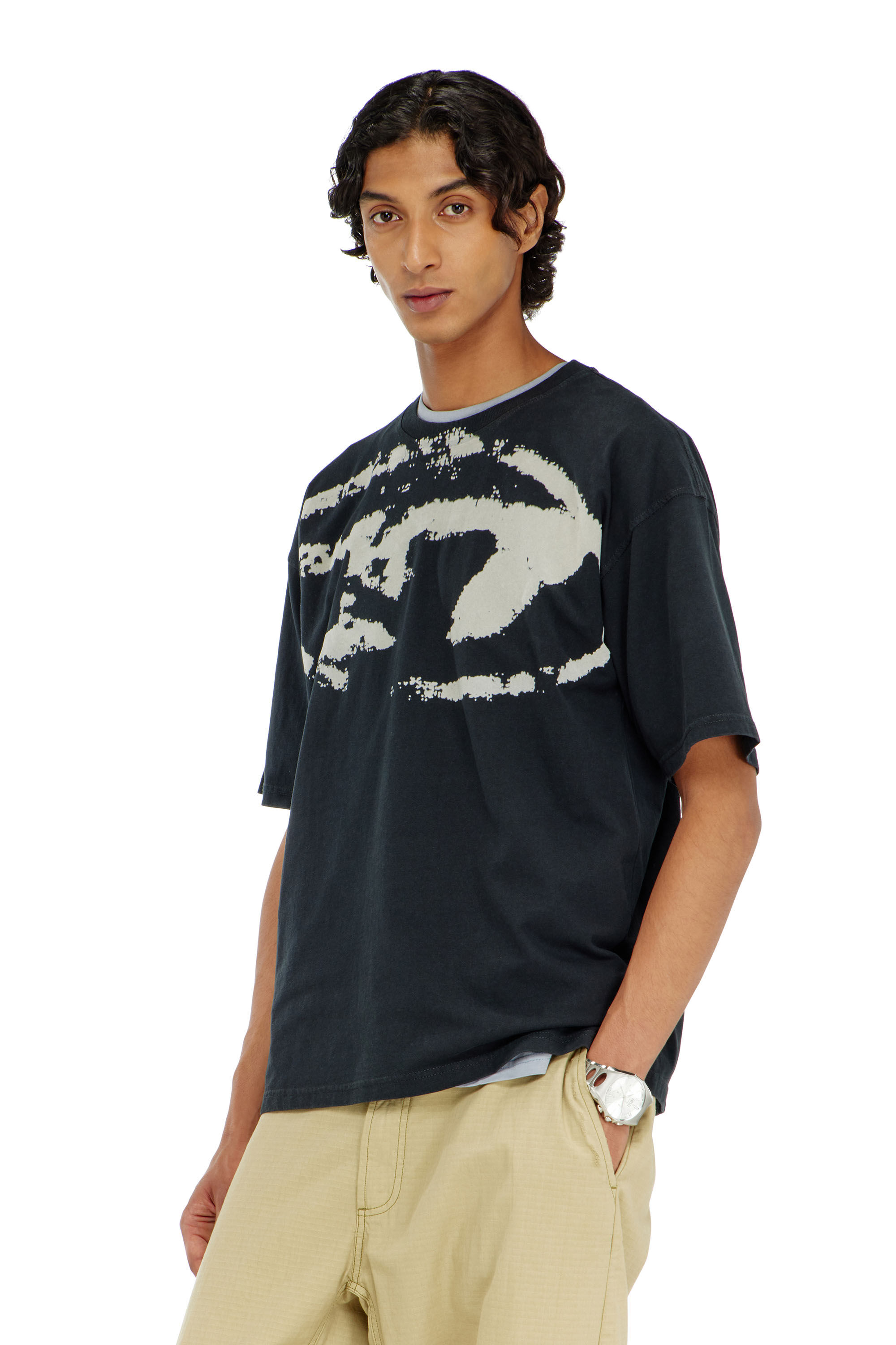 Men's T-shirt with distressed flocked logo | Black | Diesel