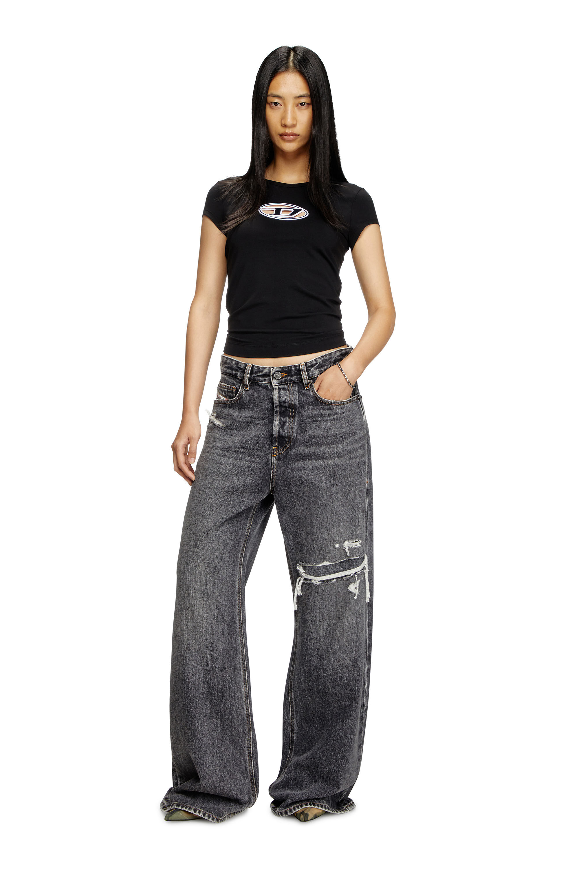 Diesel - T-ANGIE, Woman's T-shirt with peekaboo logo in Black/White - 1