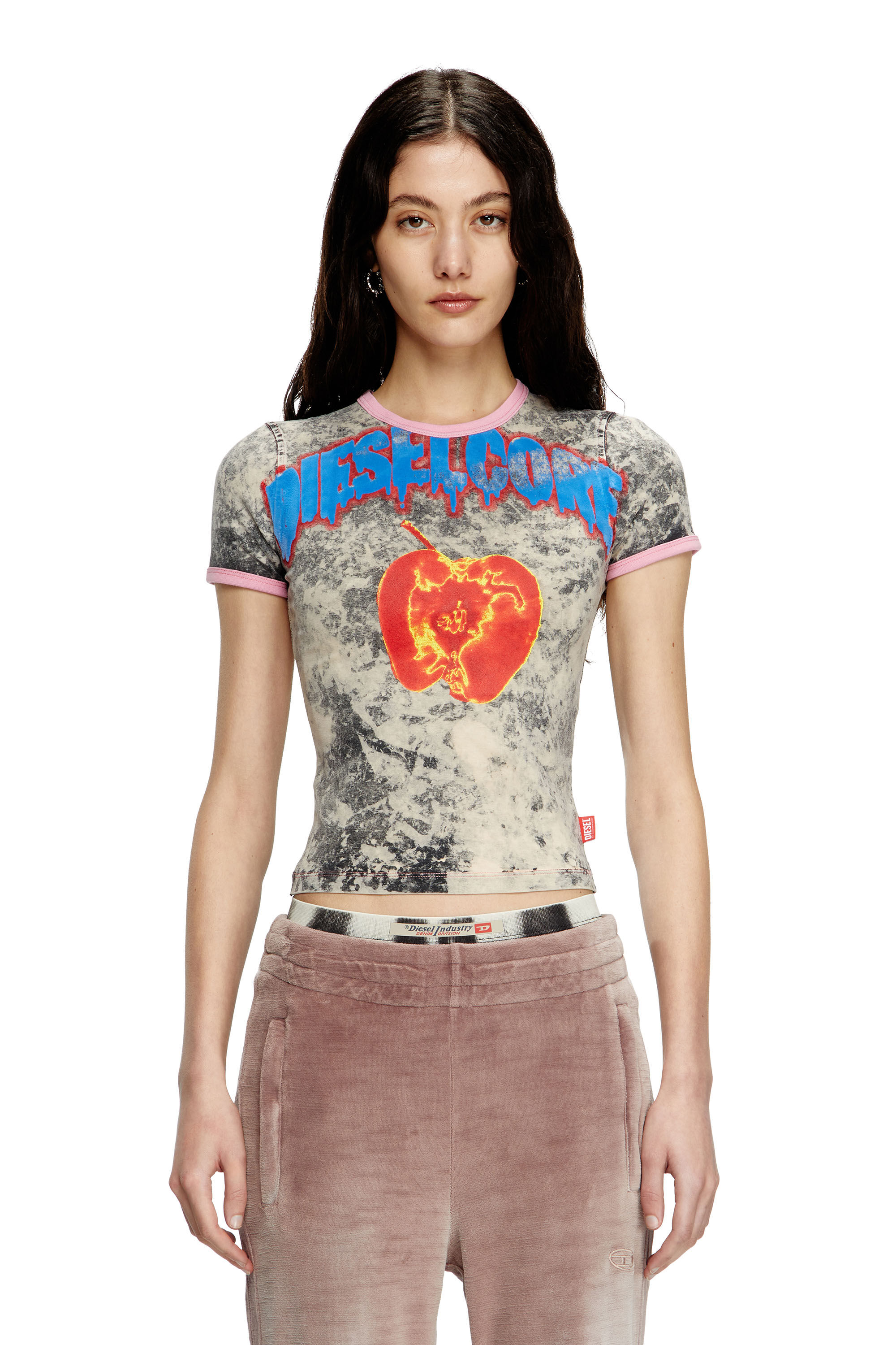 Diesel - T-UNCUTIES-SHORT-Q1, Woman's T-shirt with Diesel Core print in Grey - 3