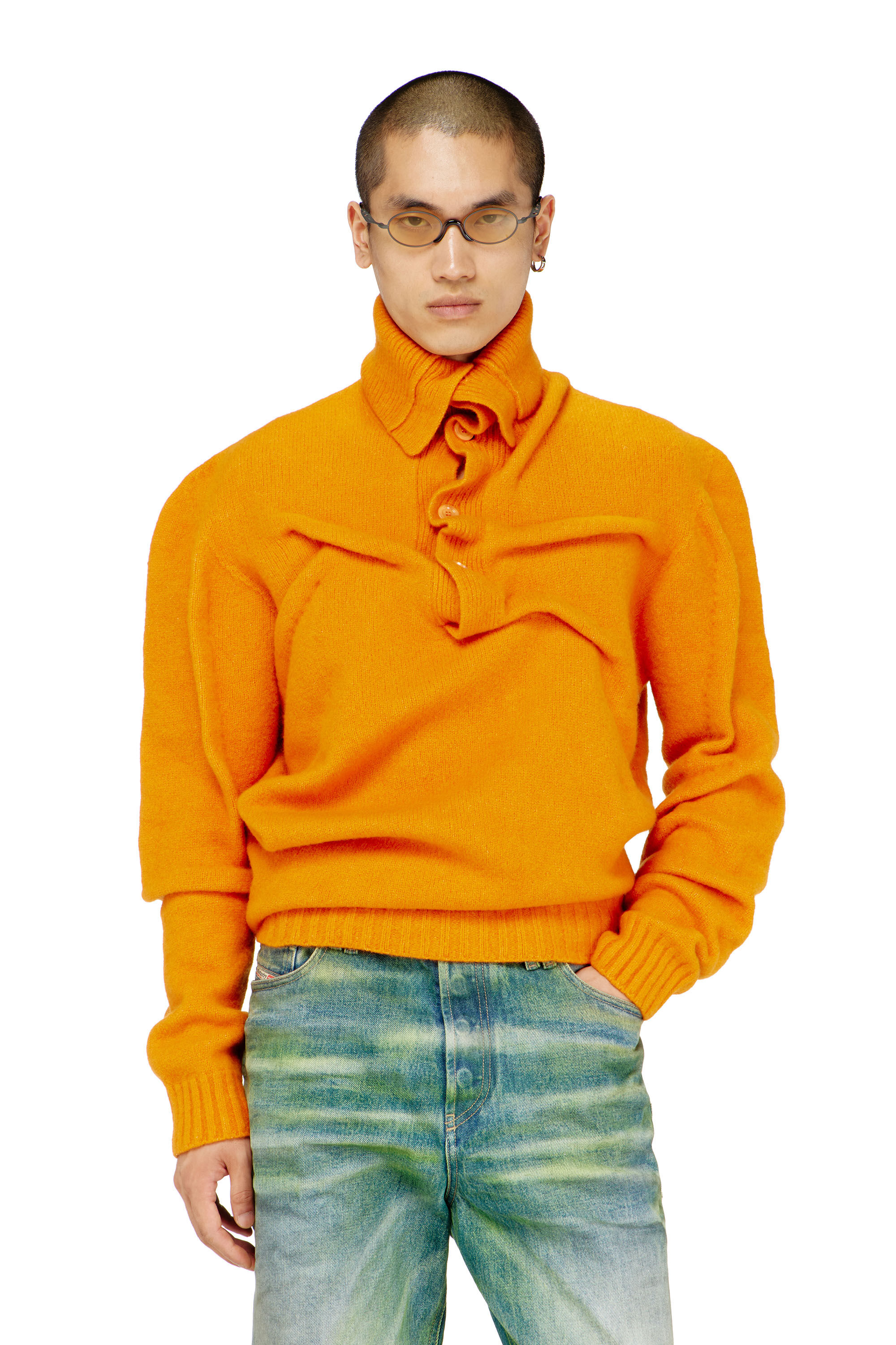 Diesel - K-ANDREW, Man's Button-neck jumper in wrinkled boiled knit in null - 3