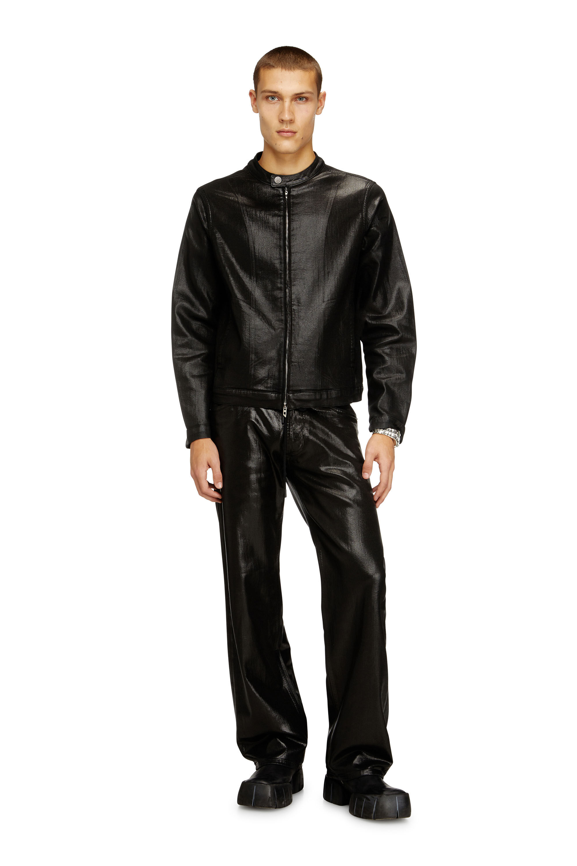 Men's Moto jacket in shiny coated JoggJeans | Black | Diesel DK