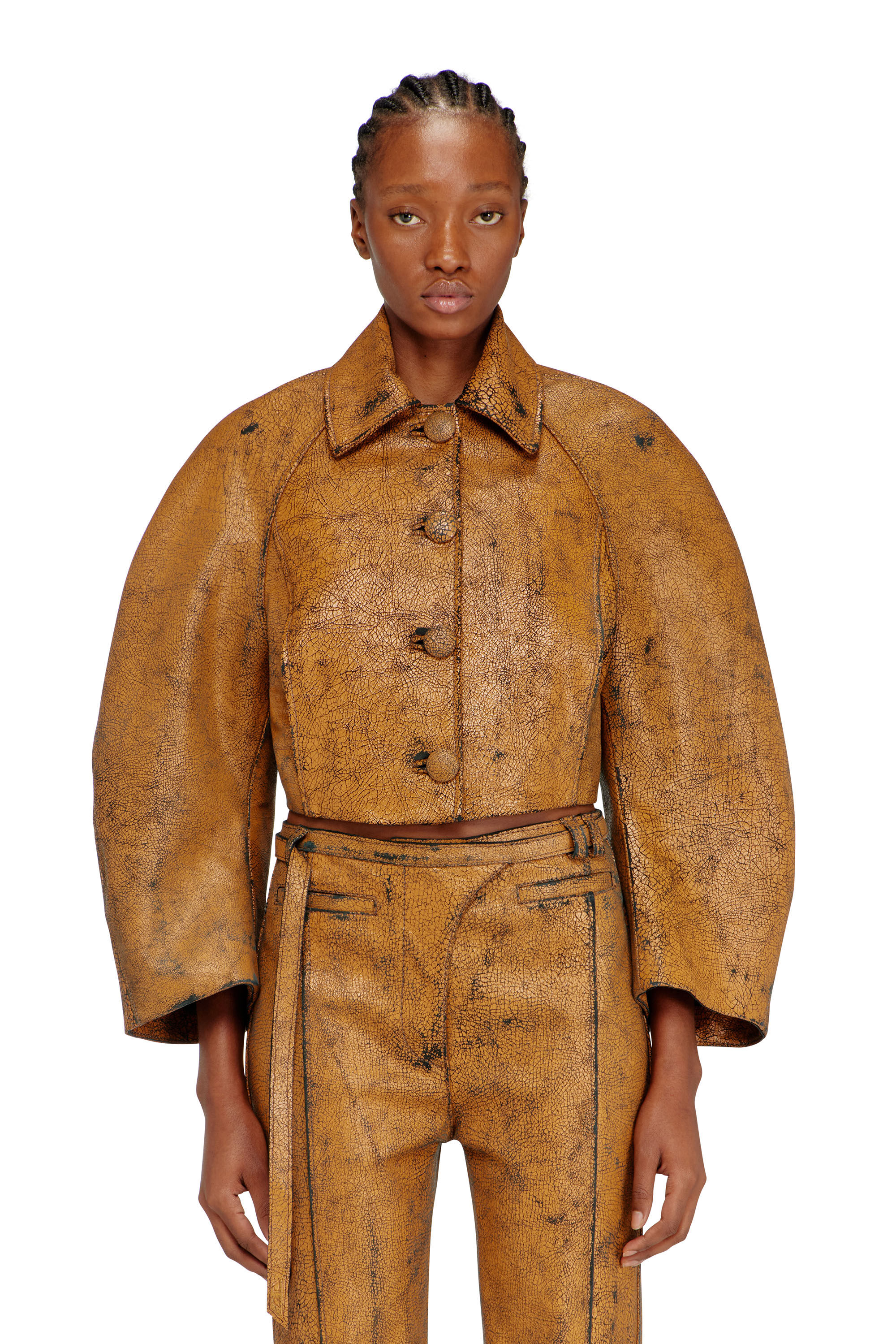 Diesel - L-RAYA, Woman's Cropped cocoon jacket in crackle leather in null - 3