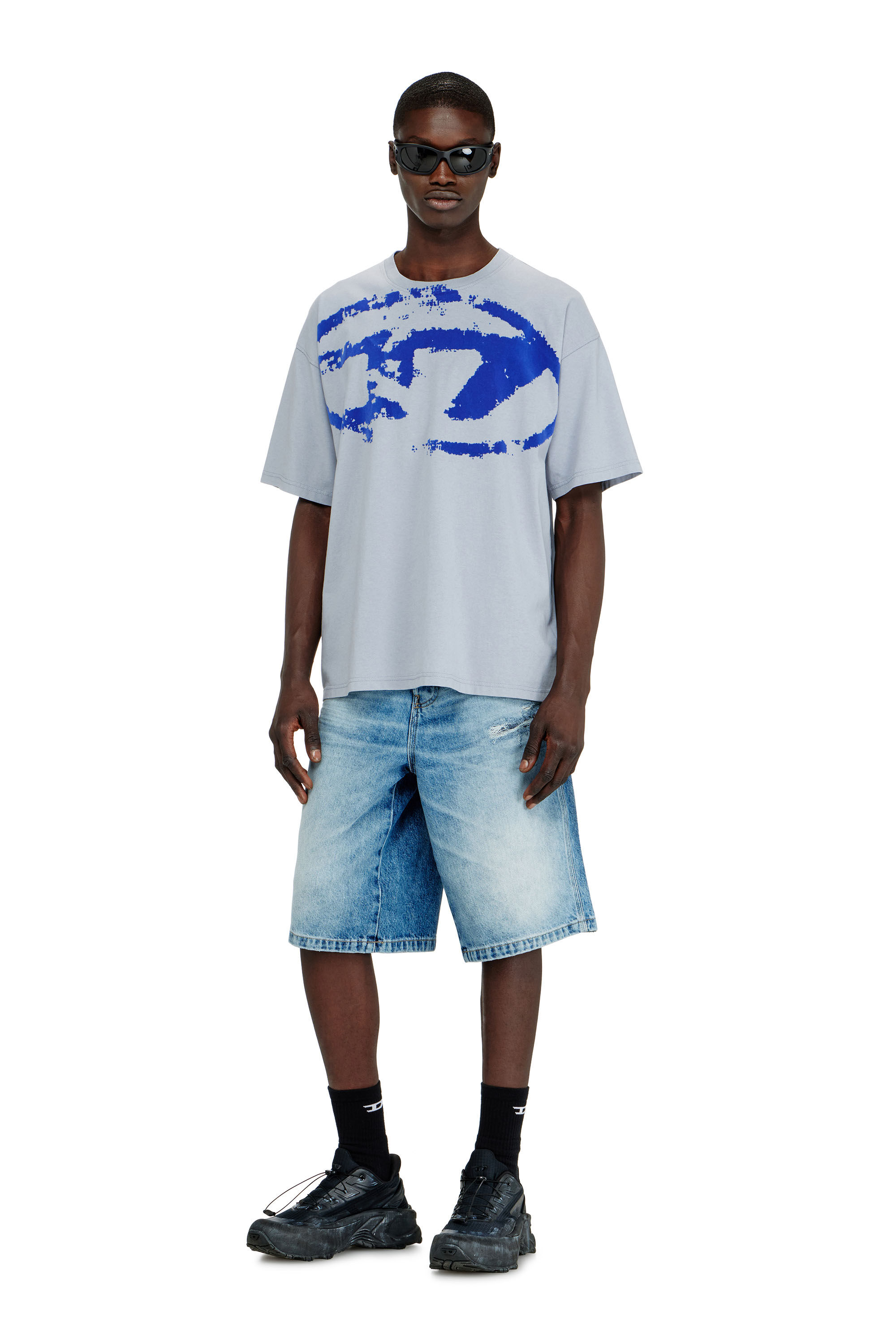 Men's T-shirt with distressed flocked logo | Blue | Diesel DK