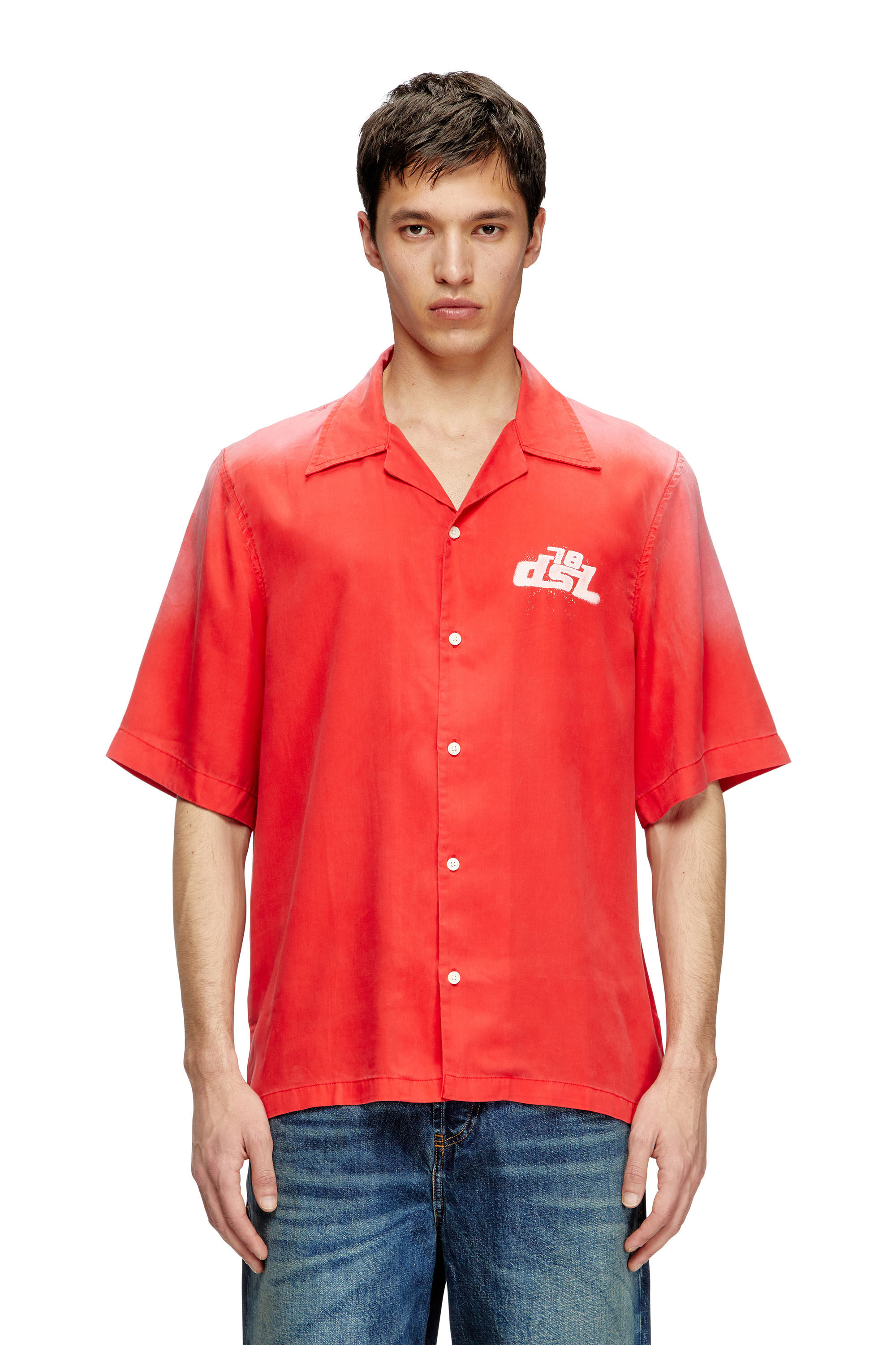 Diesel - S-ELLY, Man's Faded bowling shirt with logo prints in Red - 3