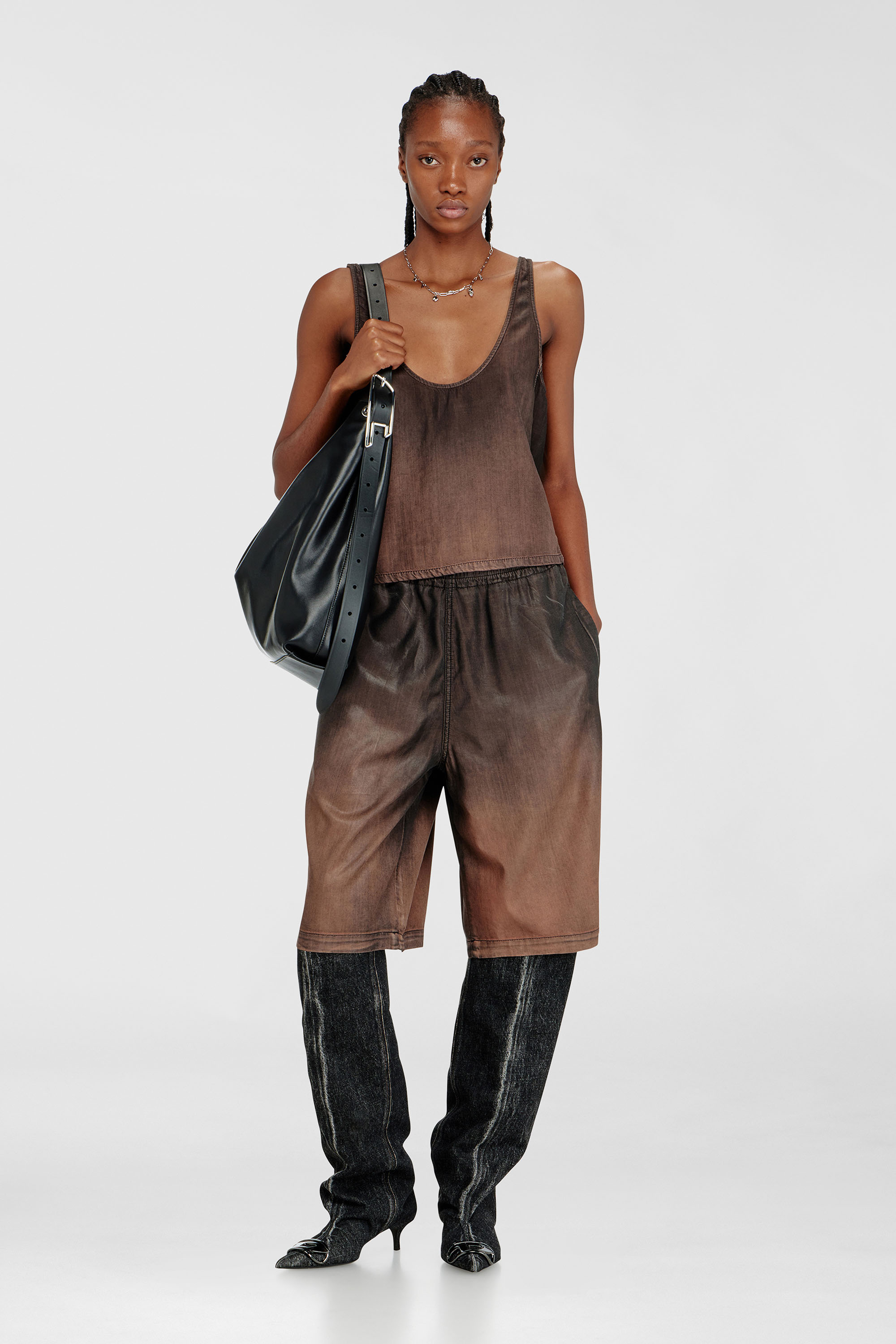 Diesel - DE-NORIAN-S, Woman's Tank top in fluid coated denim in Brown - 1