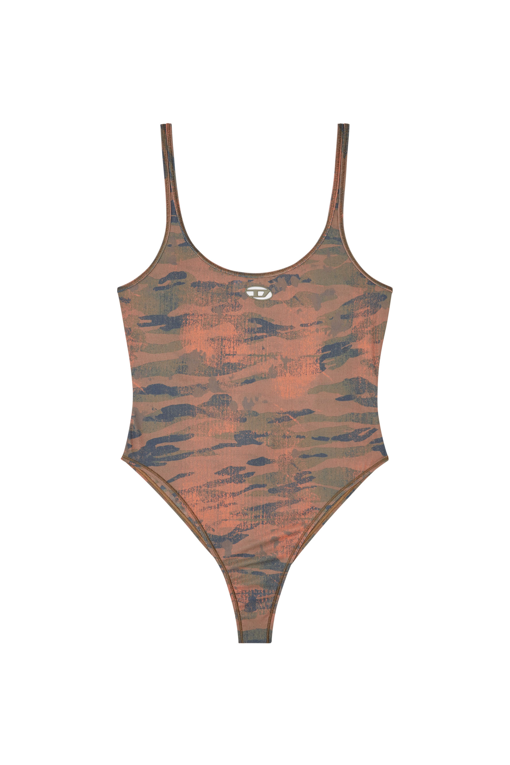 Diesel - UT-BODY-UTLT, Woman's Camo swimsuit with cut-out logo in Brown - 5