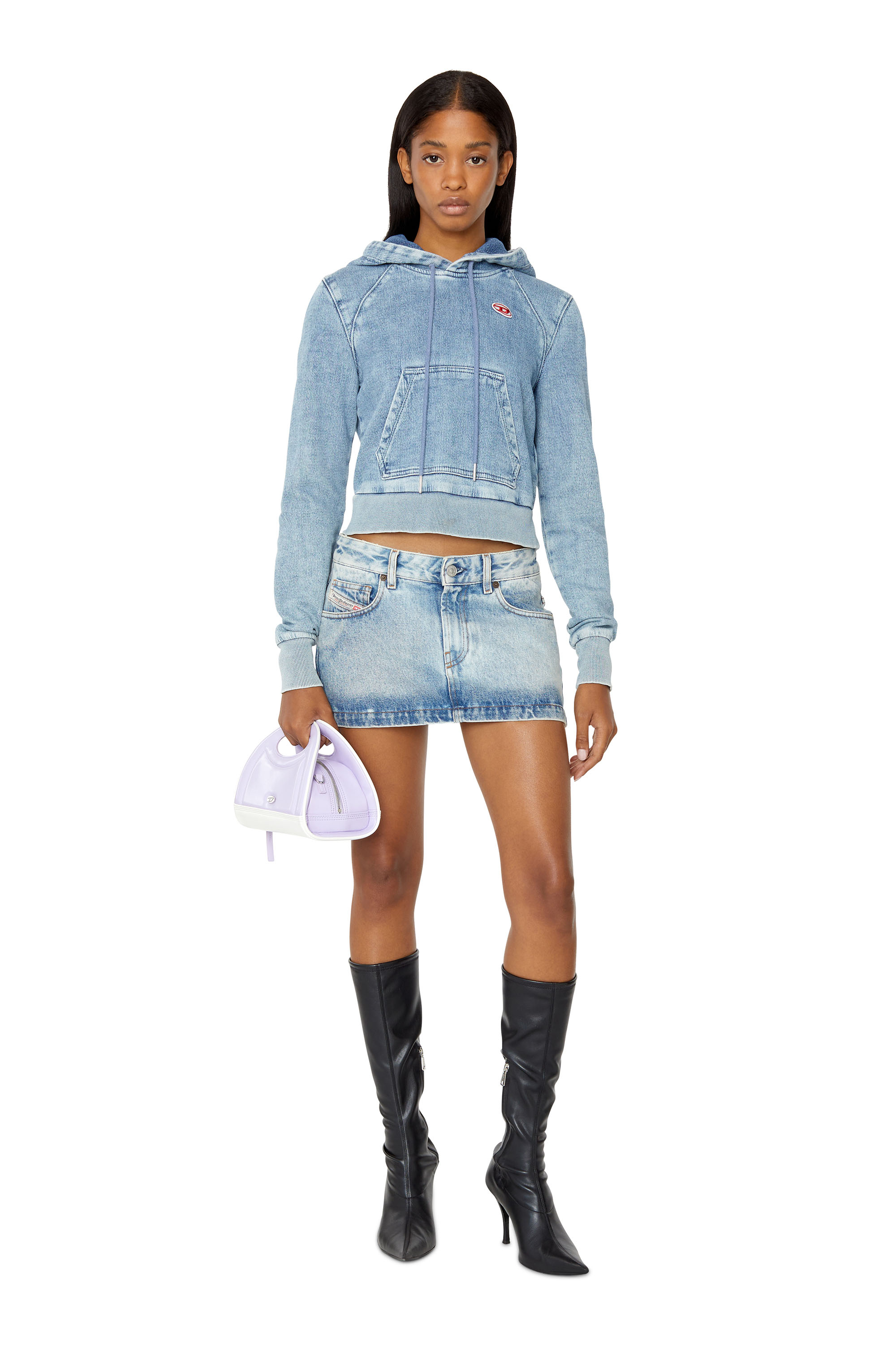 Diesel - D-ANGY TRACK DENIM HOODIE, Woman's Crop hoodie in Track Denim in Light Blue - 1