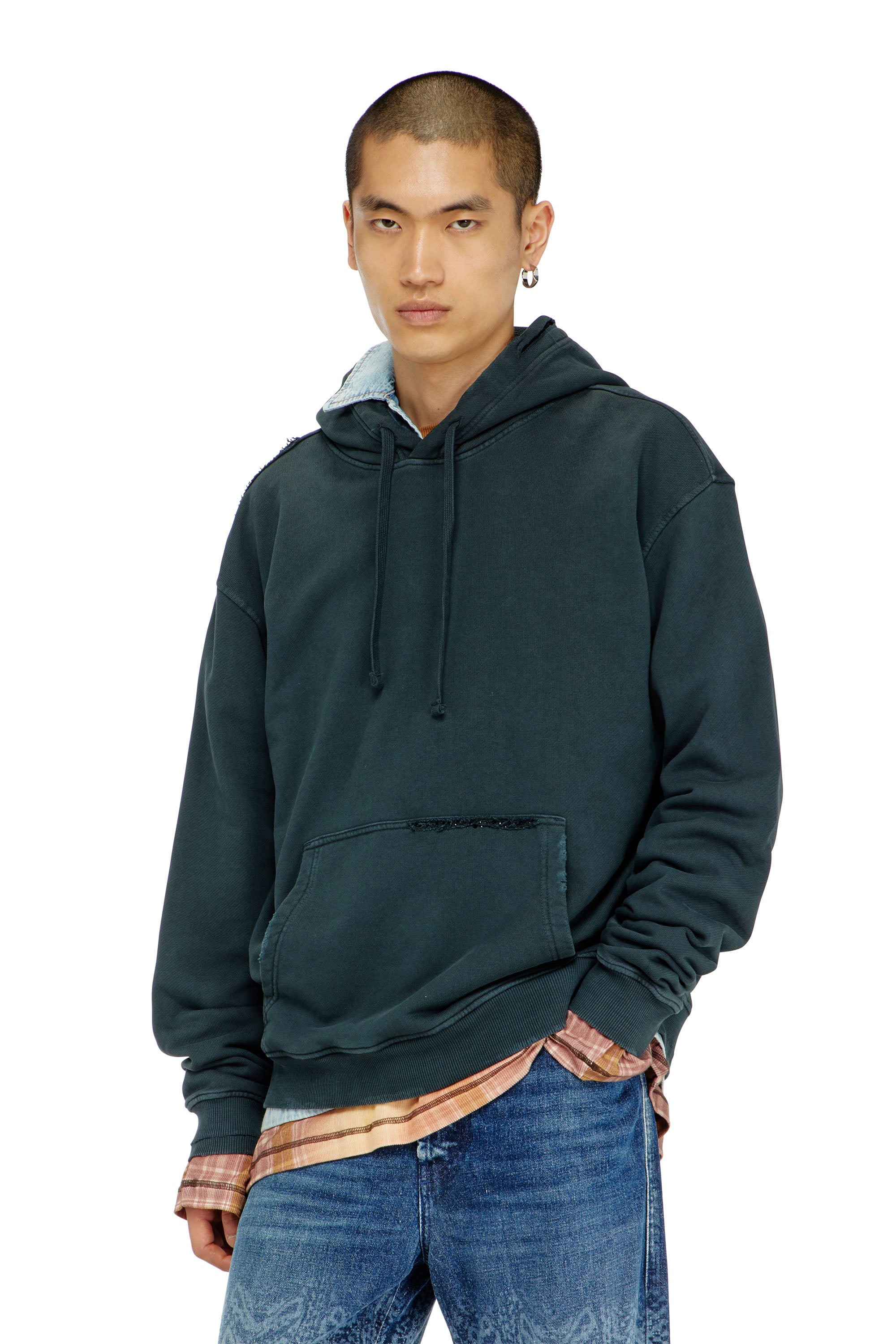 Diesel - S-NORM-HOOD-CRYSTALS, Man's Hoodie with rips and crystal details in Dark Green - 1