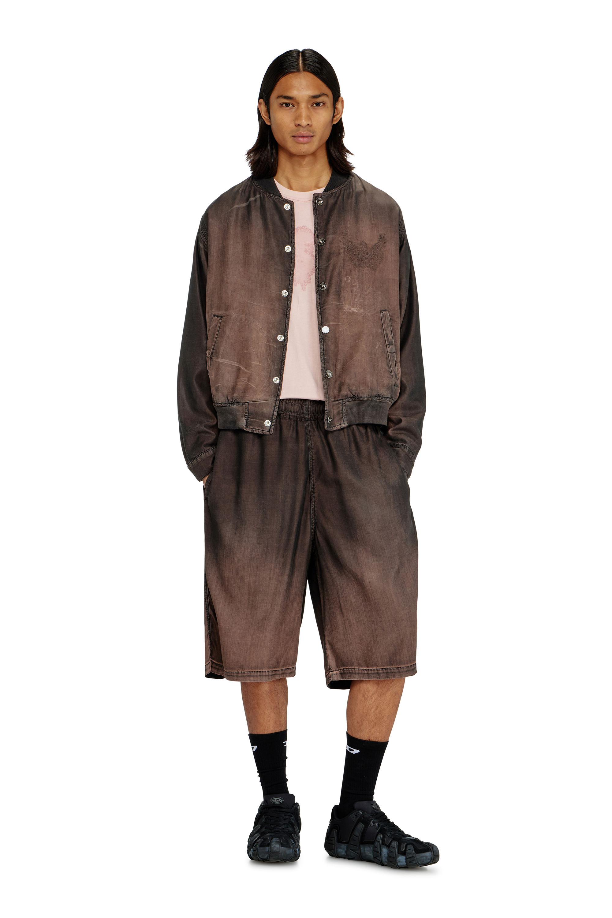 Diesel - D-RODER-SHORT-S, Unisex's Relaxed bermuda shorts in fluid coated denim in Dark Brown - 1