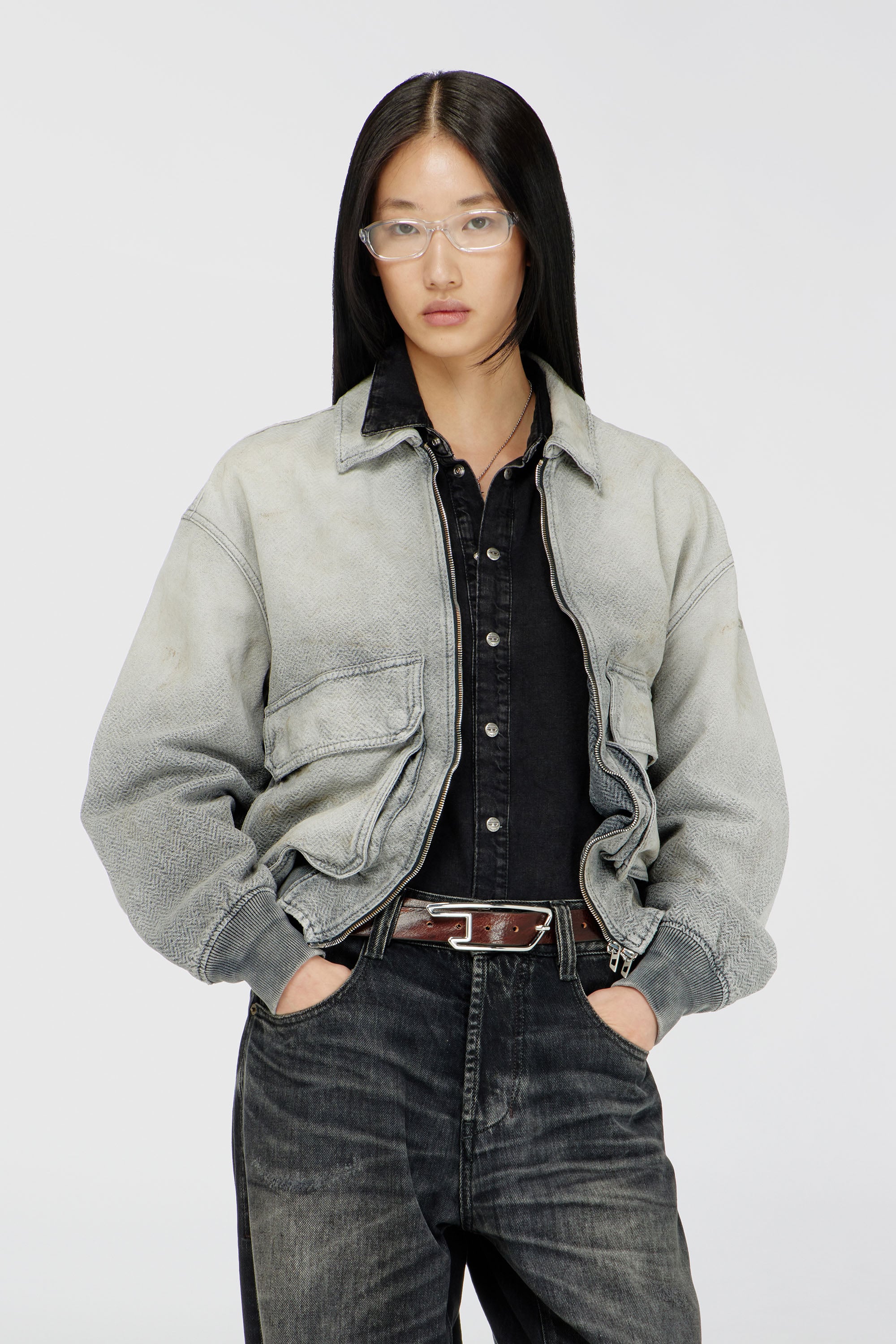 Diesel - D-KURZ, Unisex's Jacket in distressed herringbone denim in Grey - 2