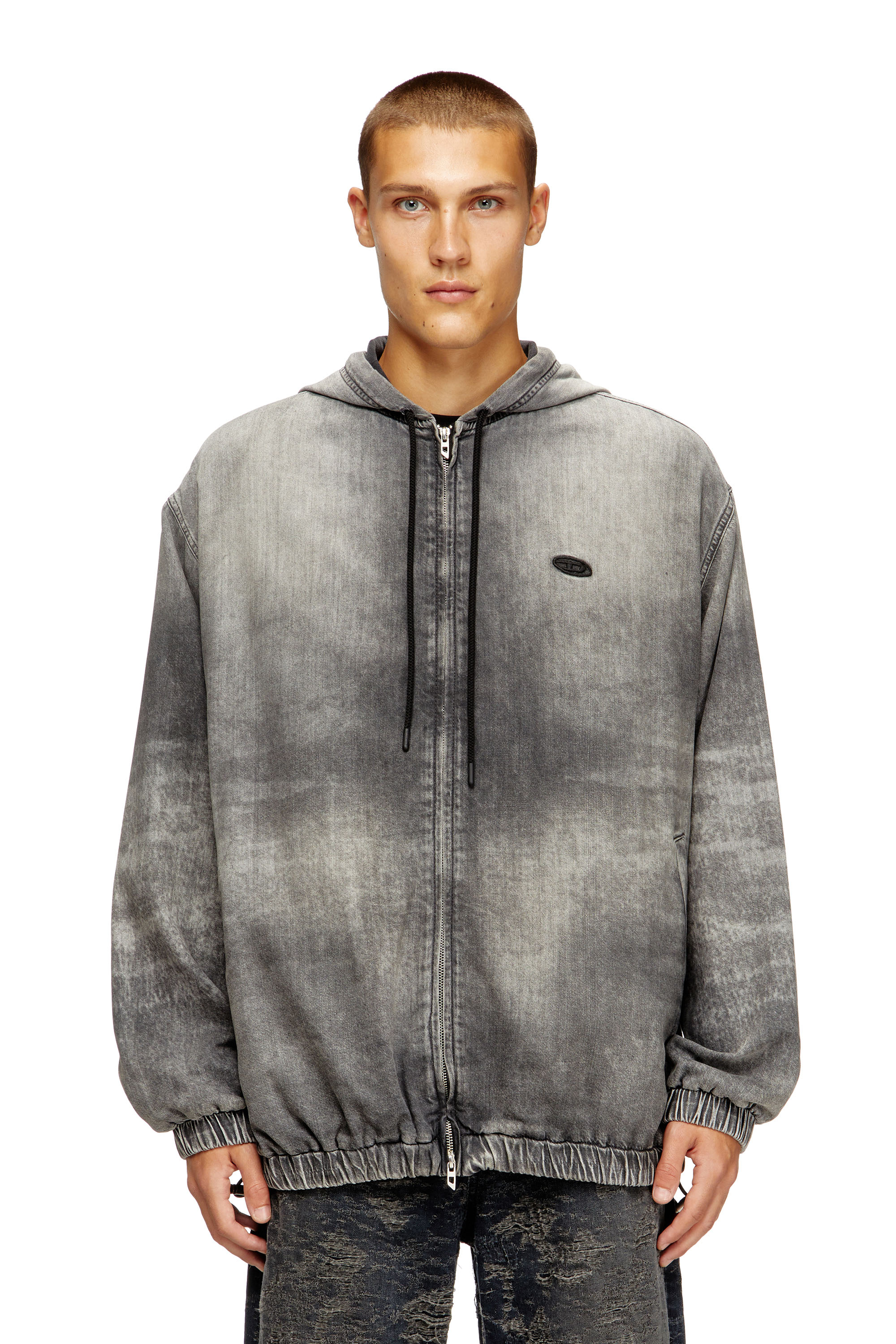 Diesel - D-OFFY-S, Unisex's Hooded jacket in marbled coated denim in Black/Dark grey - 1