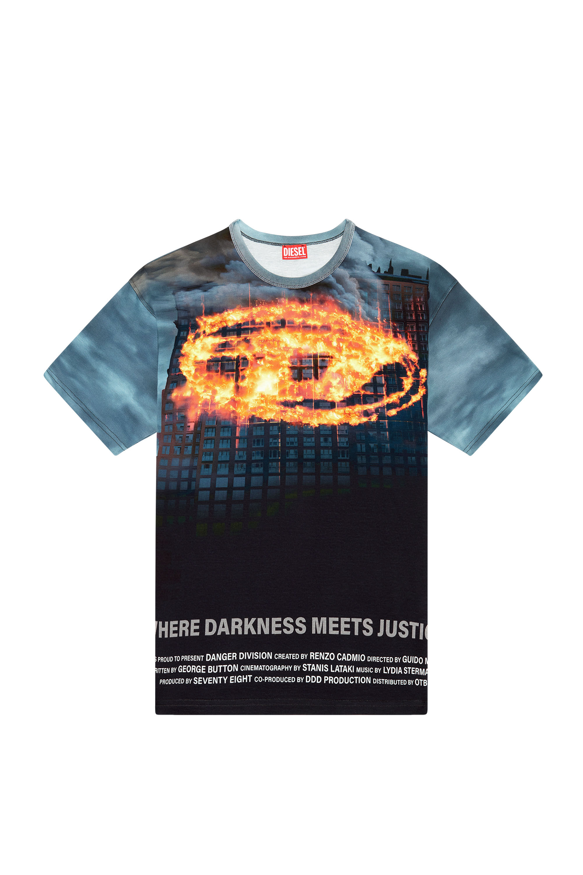 Diesel - T-BOXT-P2, Man's T-shirt with burning Oval D poster in Black/Blue - 3