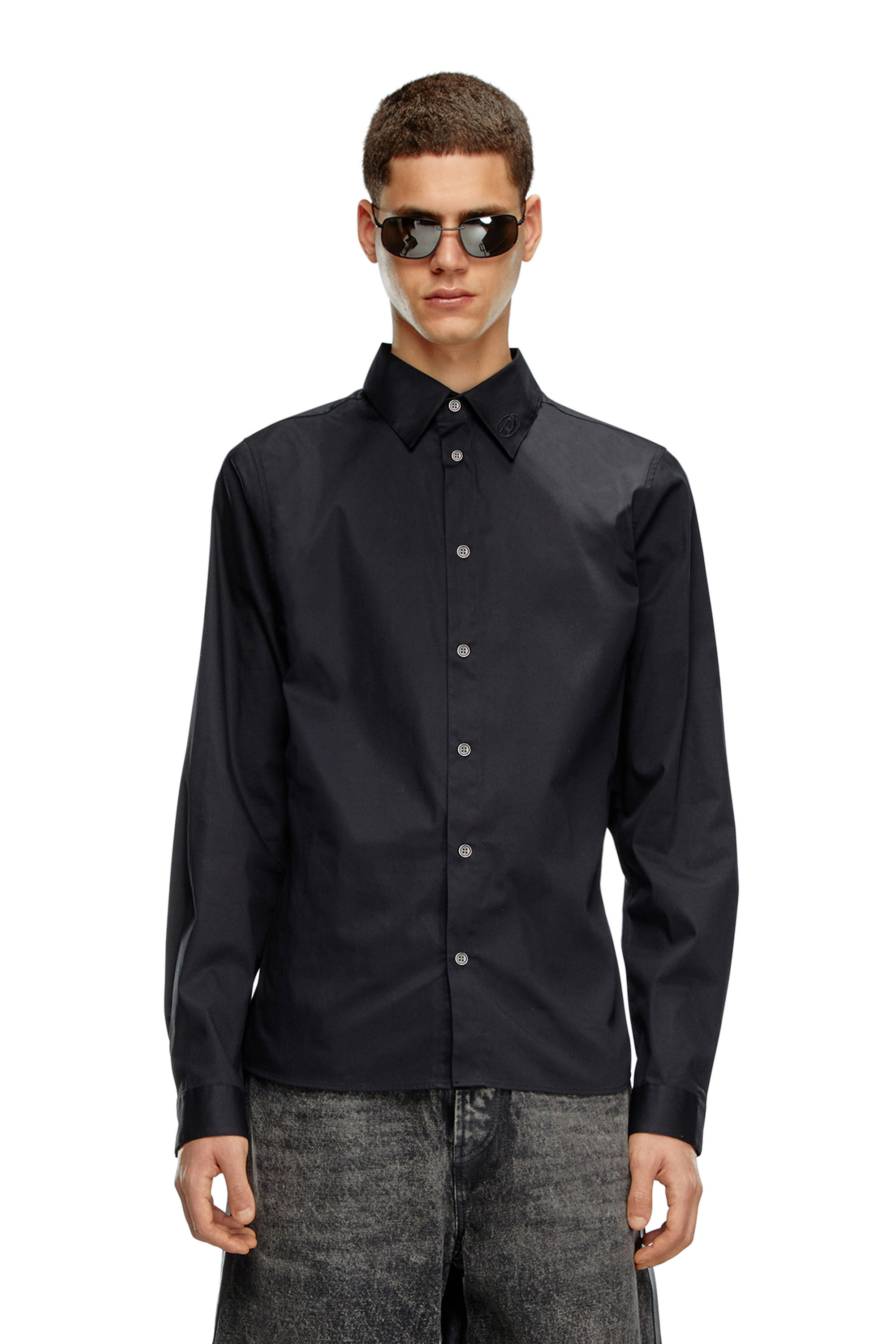 Diesel - S-FITTY-A, Man's Formal shirt with logo-embroidered collar in Black - 1