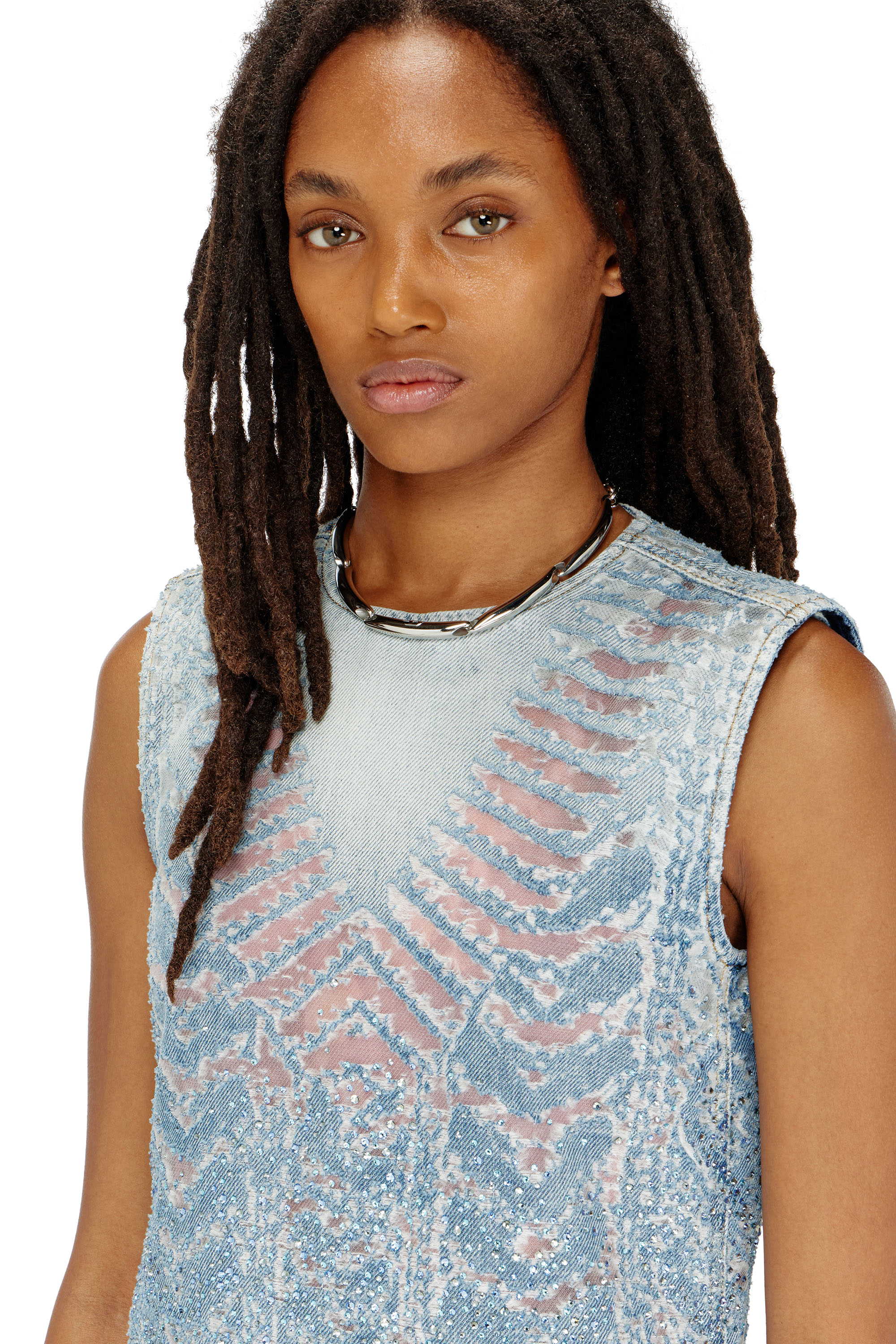 Diesel - DE-MYRELA-S, Woman's Mini dress in microstone devor&eacute; denim in null - 5