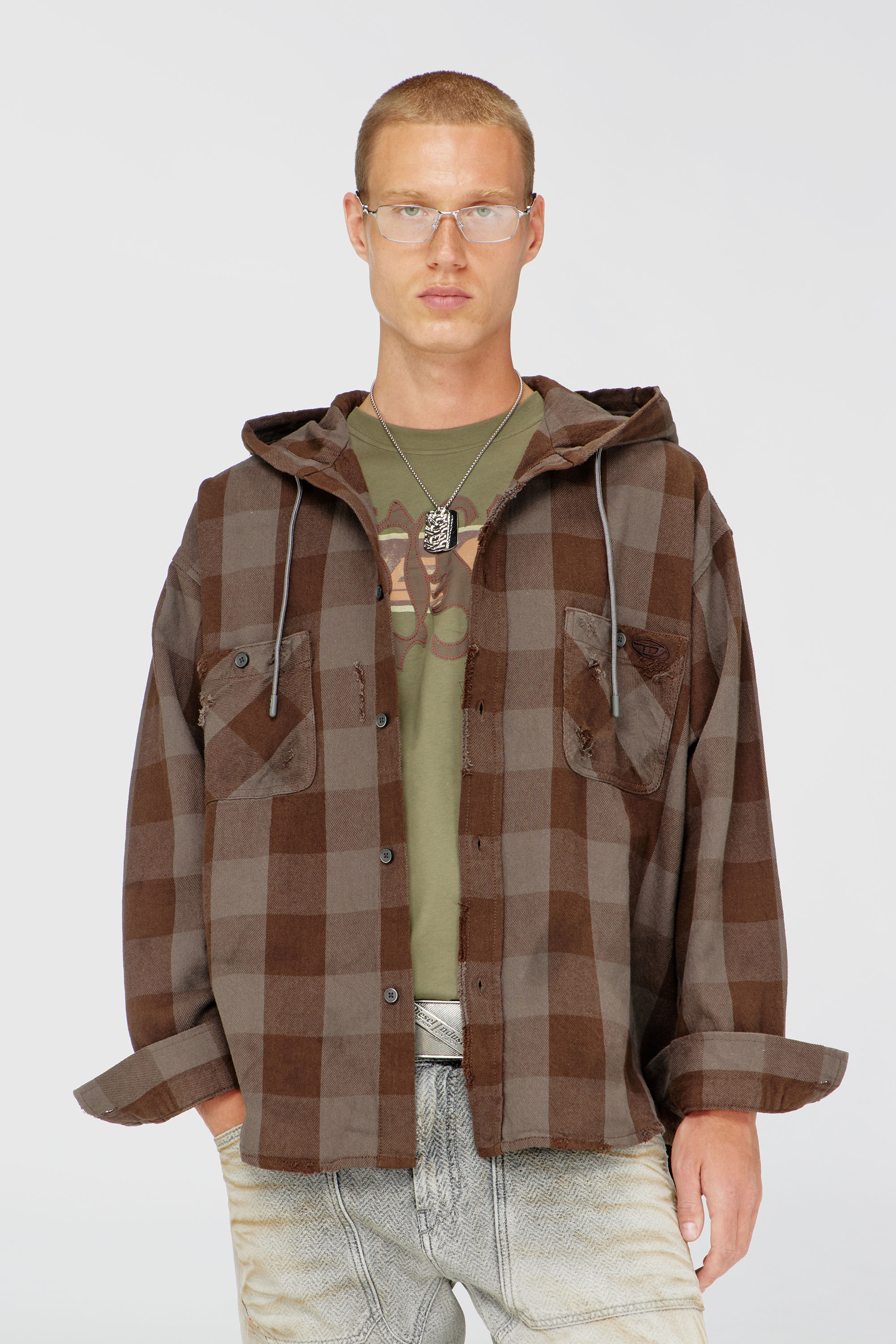 Diesel - S-DRUM-HOODY, Man's Distressed hooded shirt in check flannel in Brown - 2
