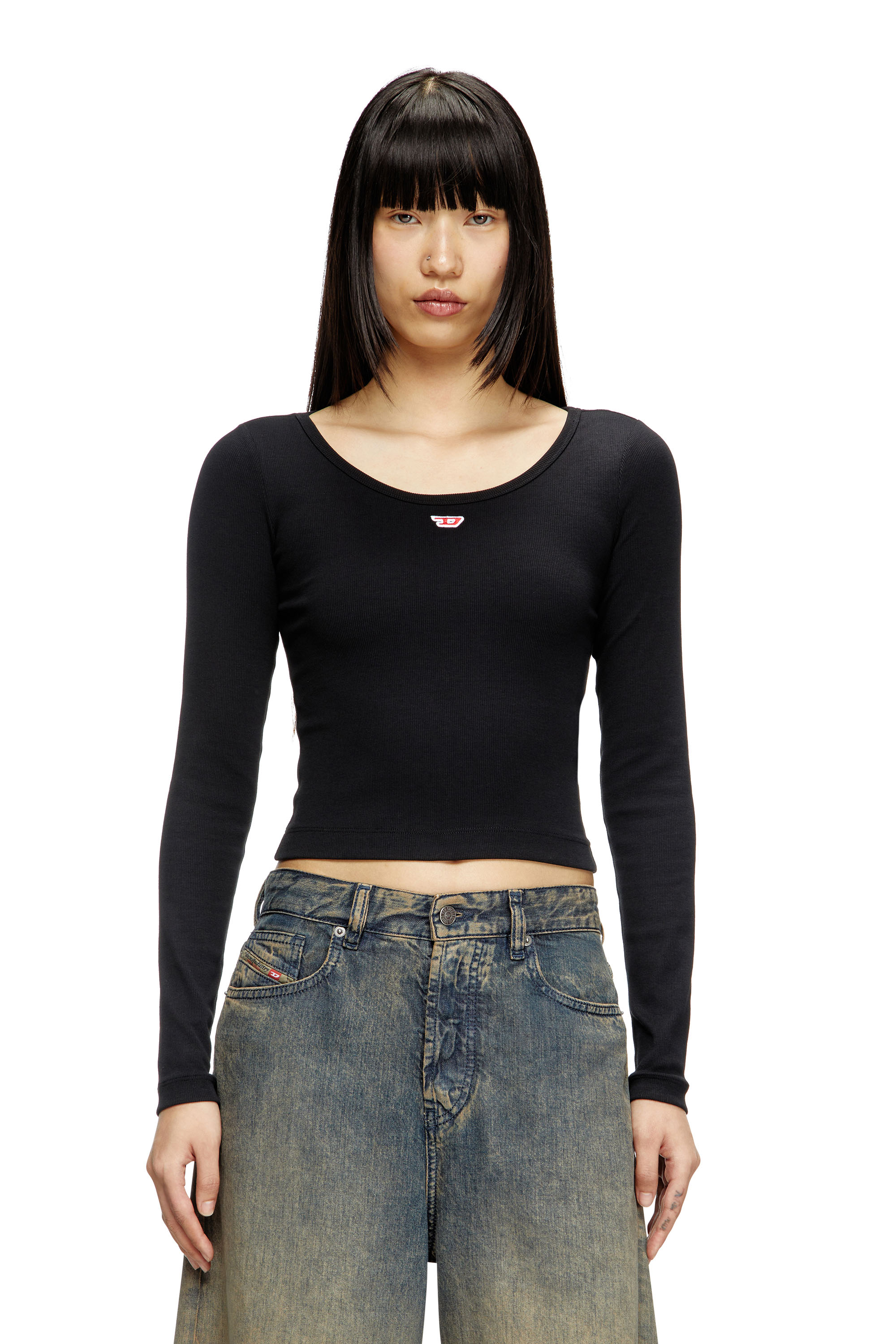 Diesel - T-BALLET-D, Woman's Long-sleeve top with embroidered D patch in Black - 1