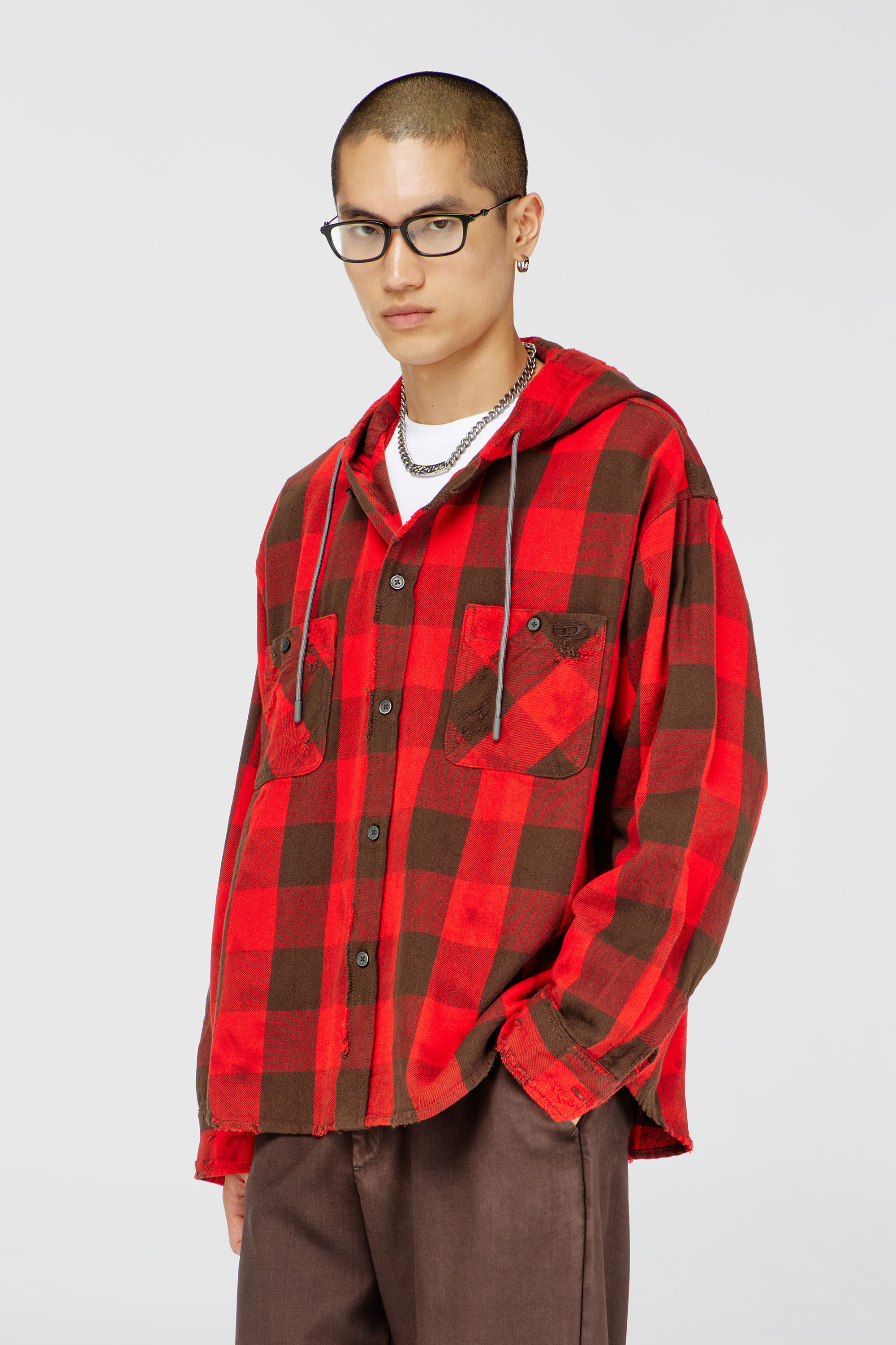 Diesel - S-DRUM-HOODY, Man's Distressed hooded shirt in check flannel in Brown/Red - 2