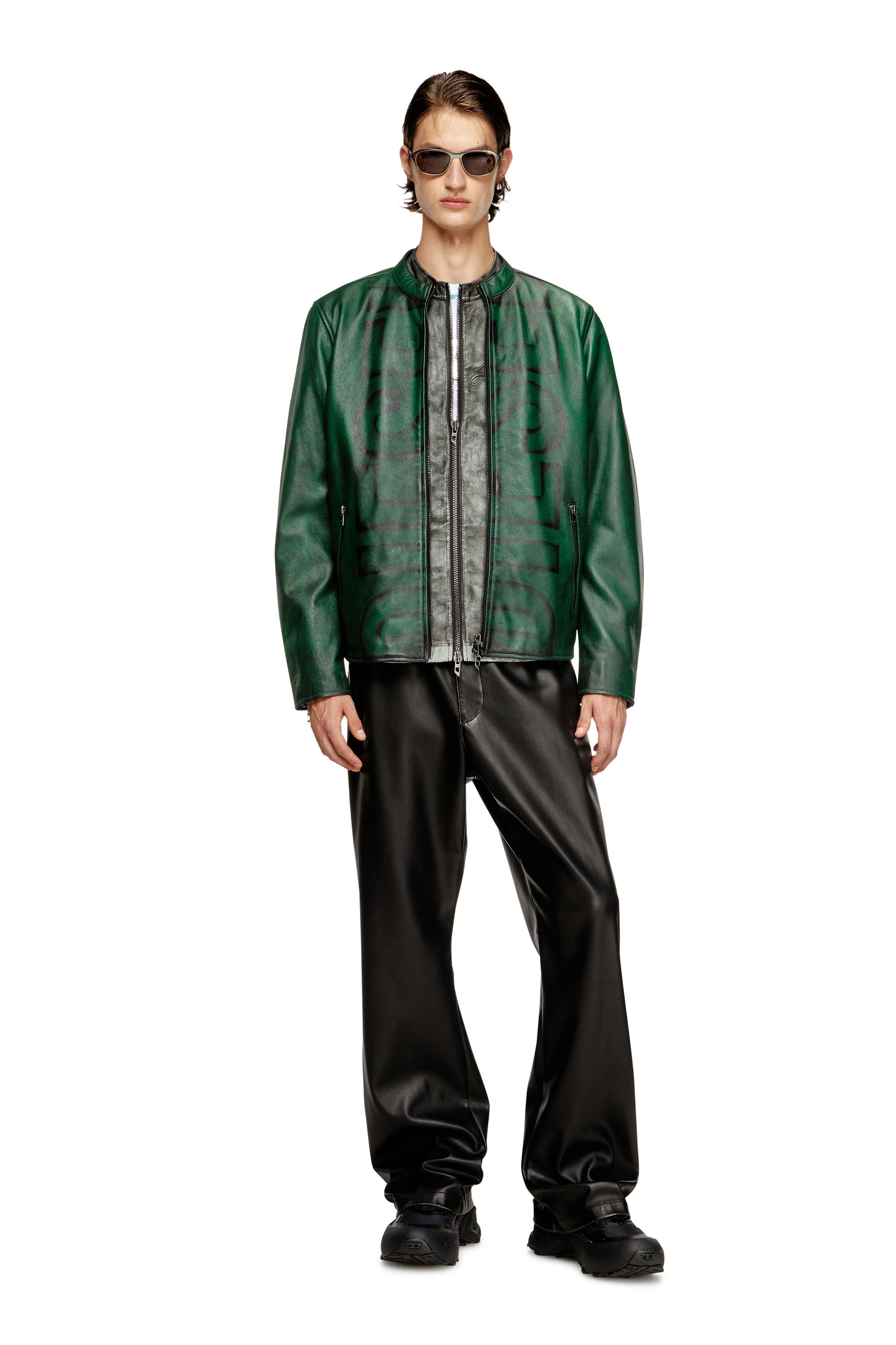 Diesel - L-EVERT-A, Man's Treated leather biker jacket with faded logo in Green - 2