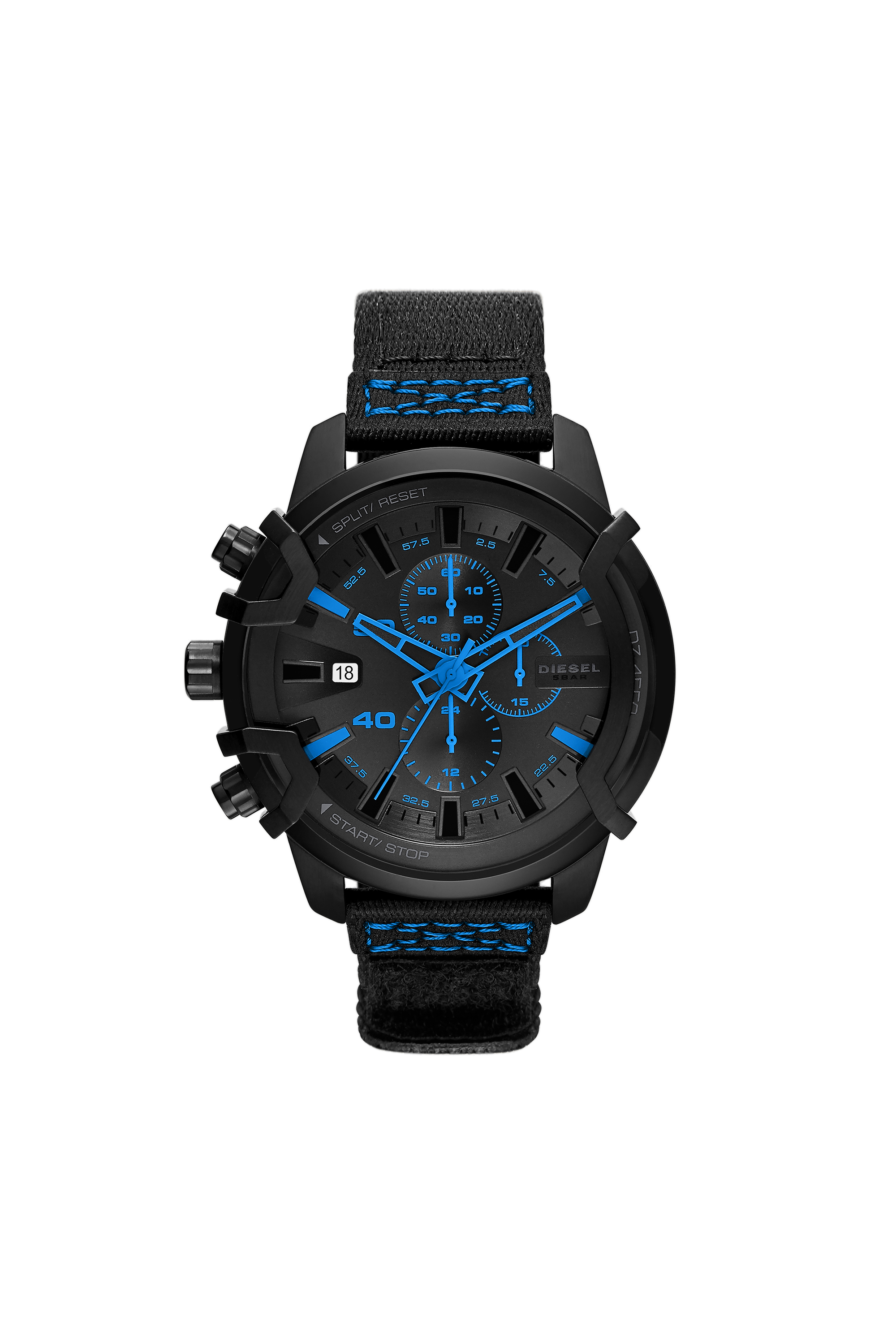 Diesel - DZ4553, Man's Griffed chronograph matte black nylon watch in Black/Blue - 1
