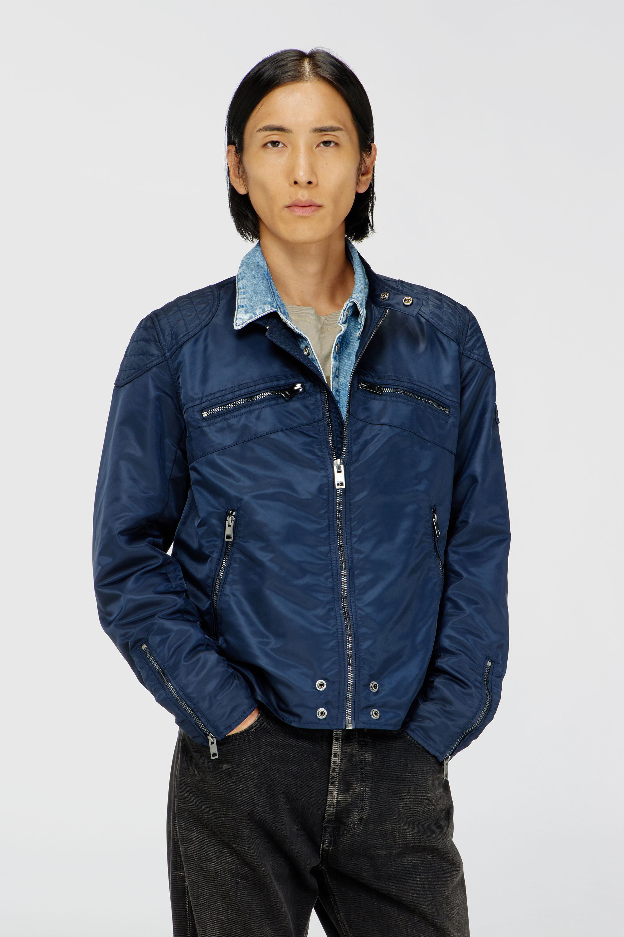 Diesel - J-GLORY-T92, Man's Nylon jacket with quilted shoulders and zip pockets in Navy Blue - 1