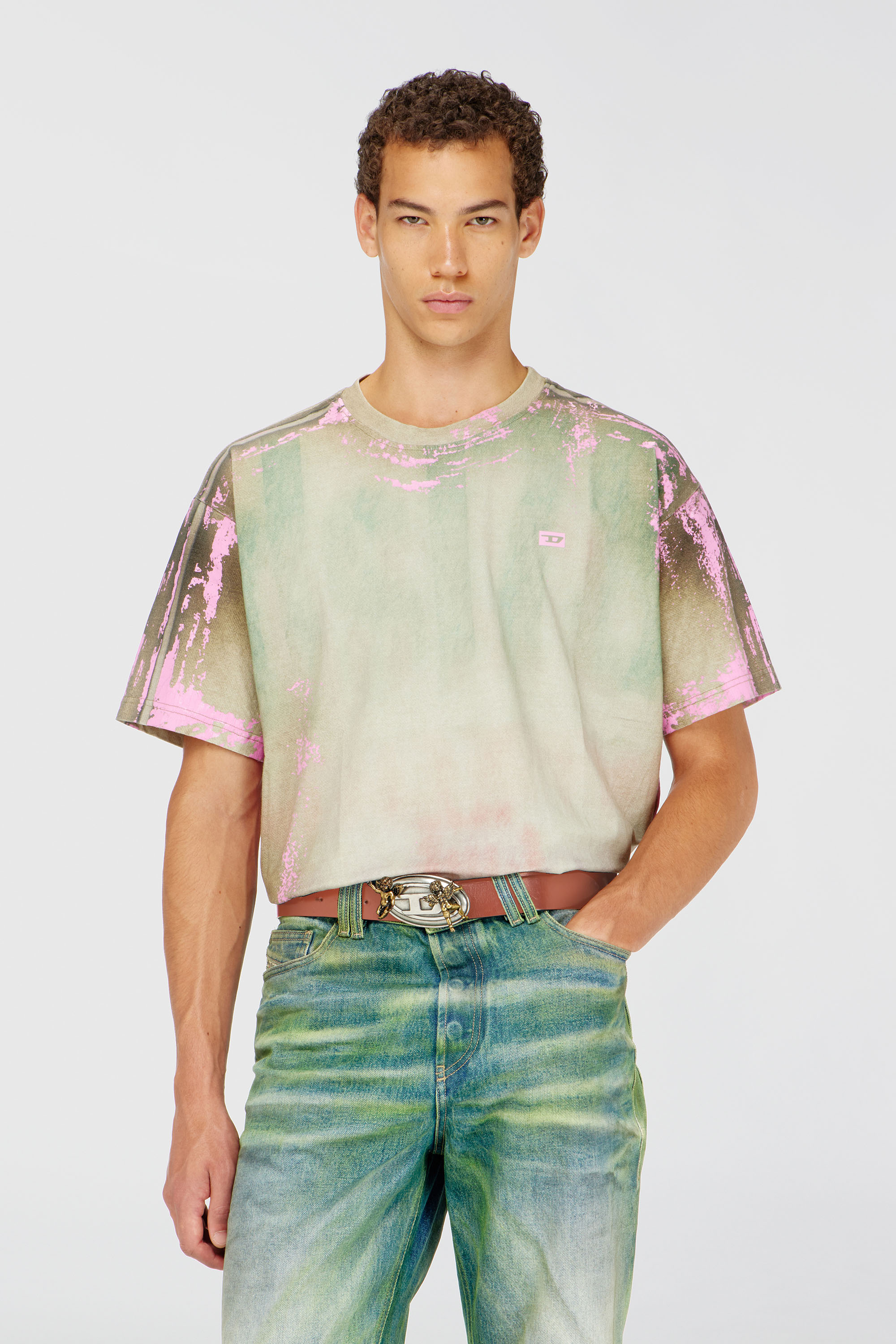 Diesel - T-FILMY-SHO, Man's T-shirt in cracked leather-effect jersey in Pink/Green - 2