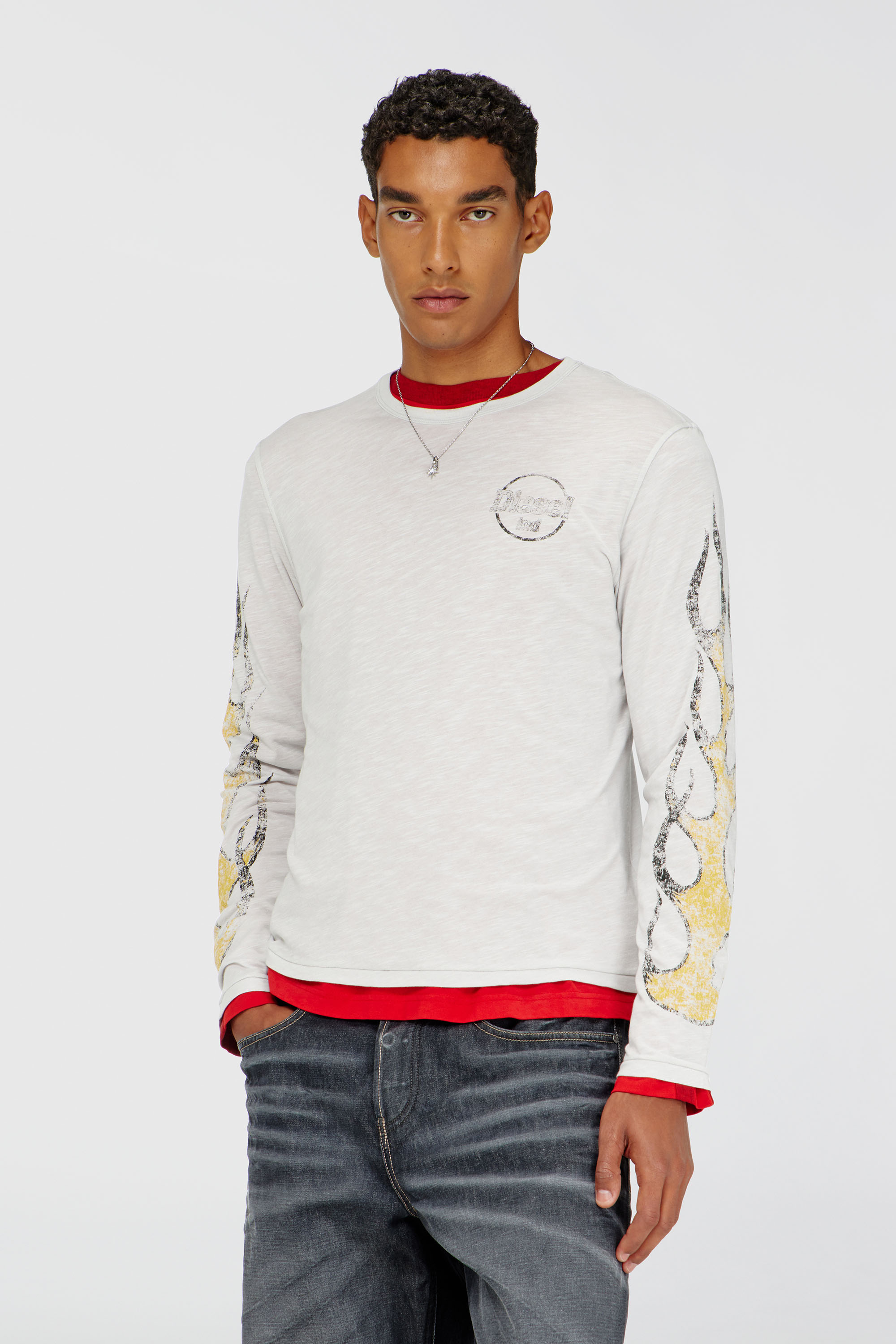Diesel - T-NOTS-LS, Man's Long-sleeve T-shirt in slub jersey with crack print in White - 2